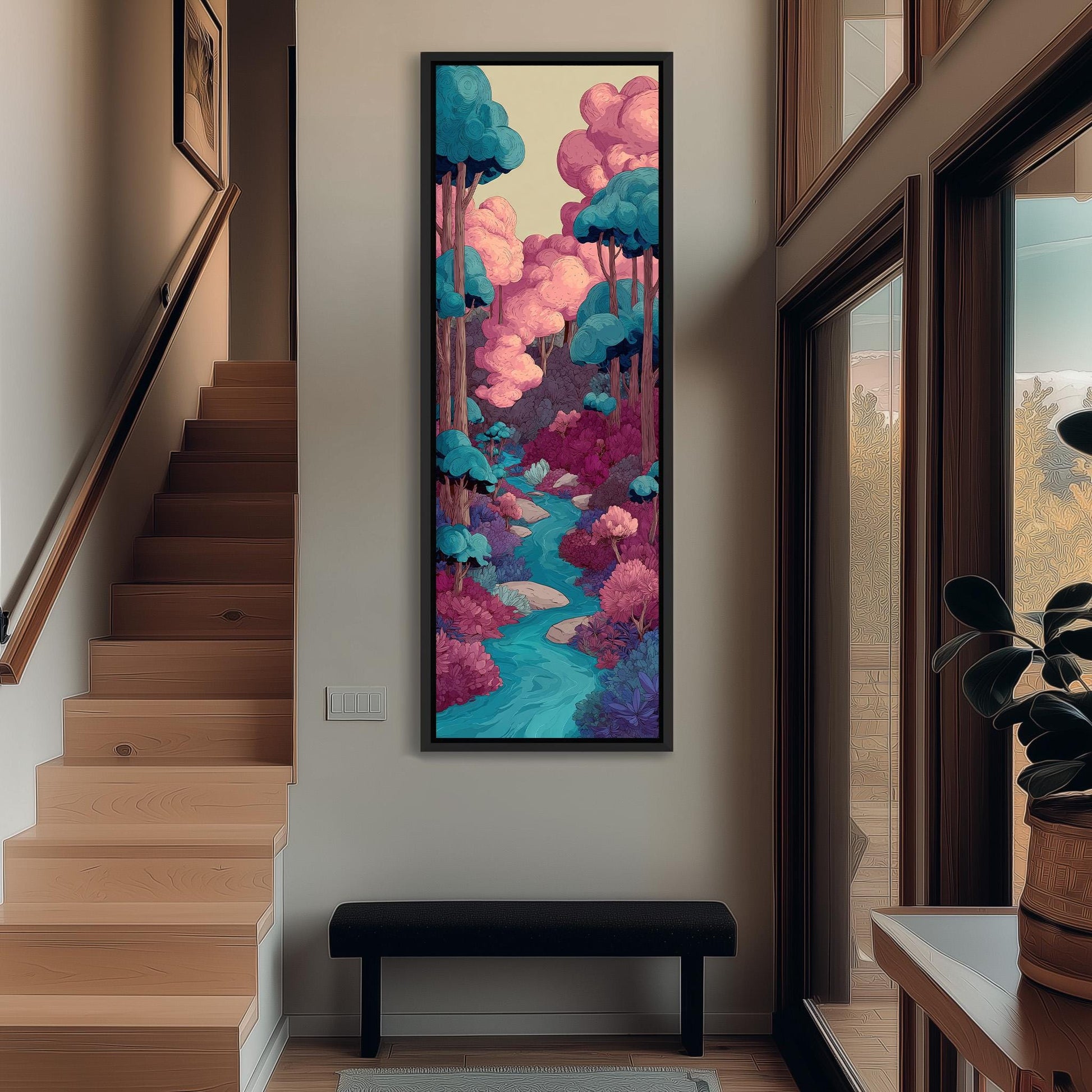 a large, colorful painting of a forest scene hanging on the wall of a hallway. The painting is framed and appears to be the focal point of the space.