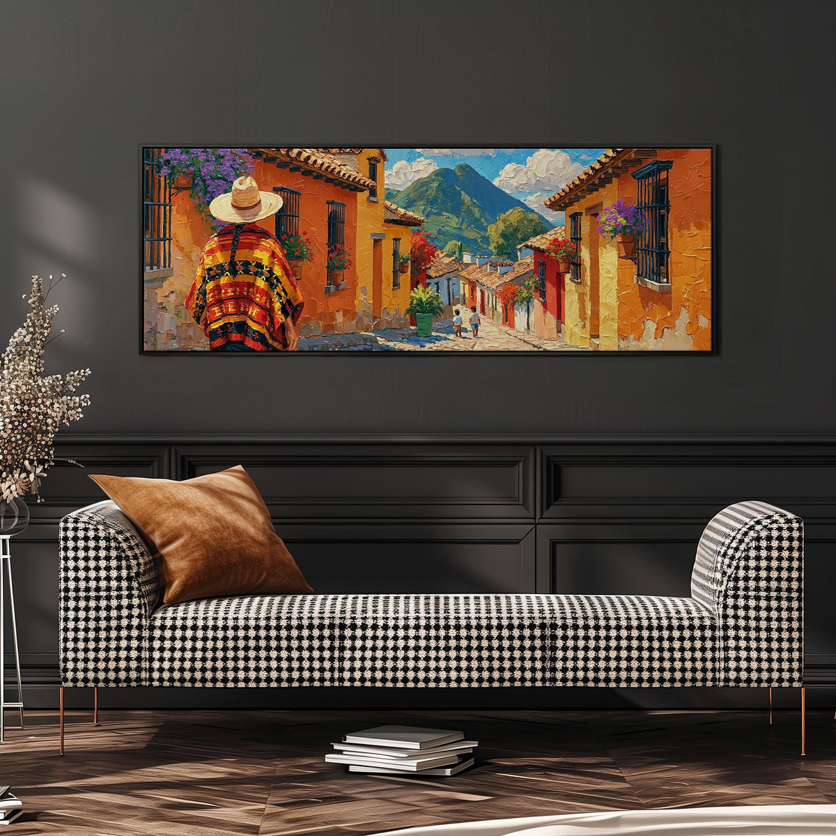 Colorful Guatemalan street with volcano view wide panoramic canvas print above a bench in a dark living room
