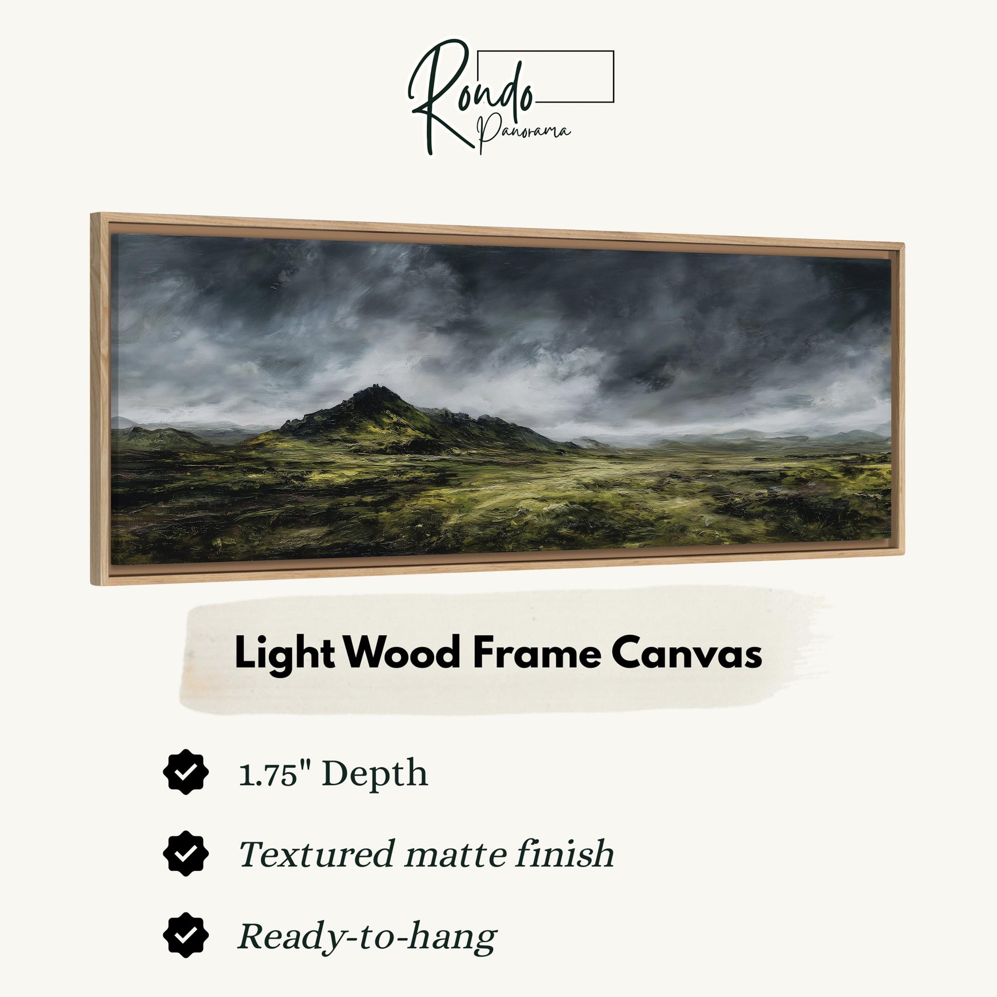 The image is a framed artwork depicting a landscape with a mountain and a cloudy sky.