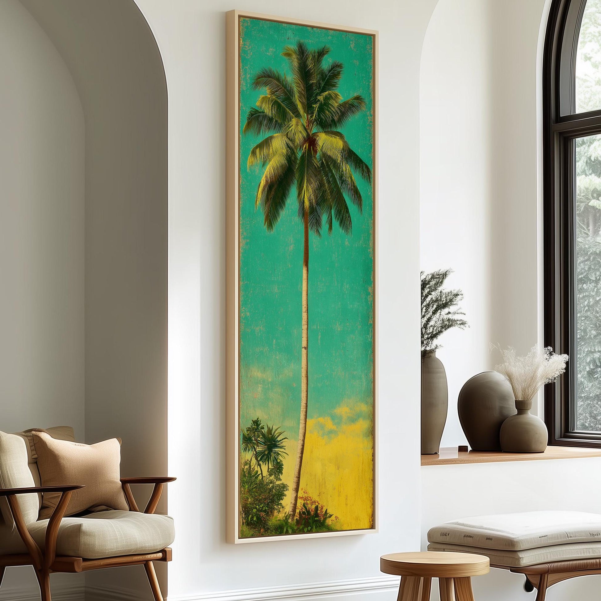 a large framed painting of a palm tree on a wall, with a bright green background and a yellow sky. The painting is hanging above a seating area with a chair and a small table.