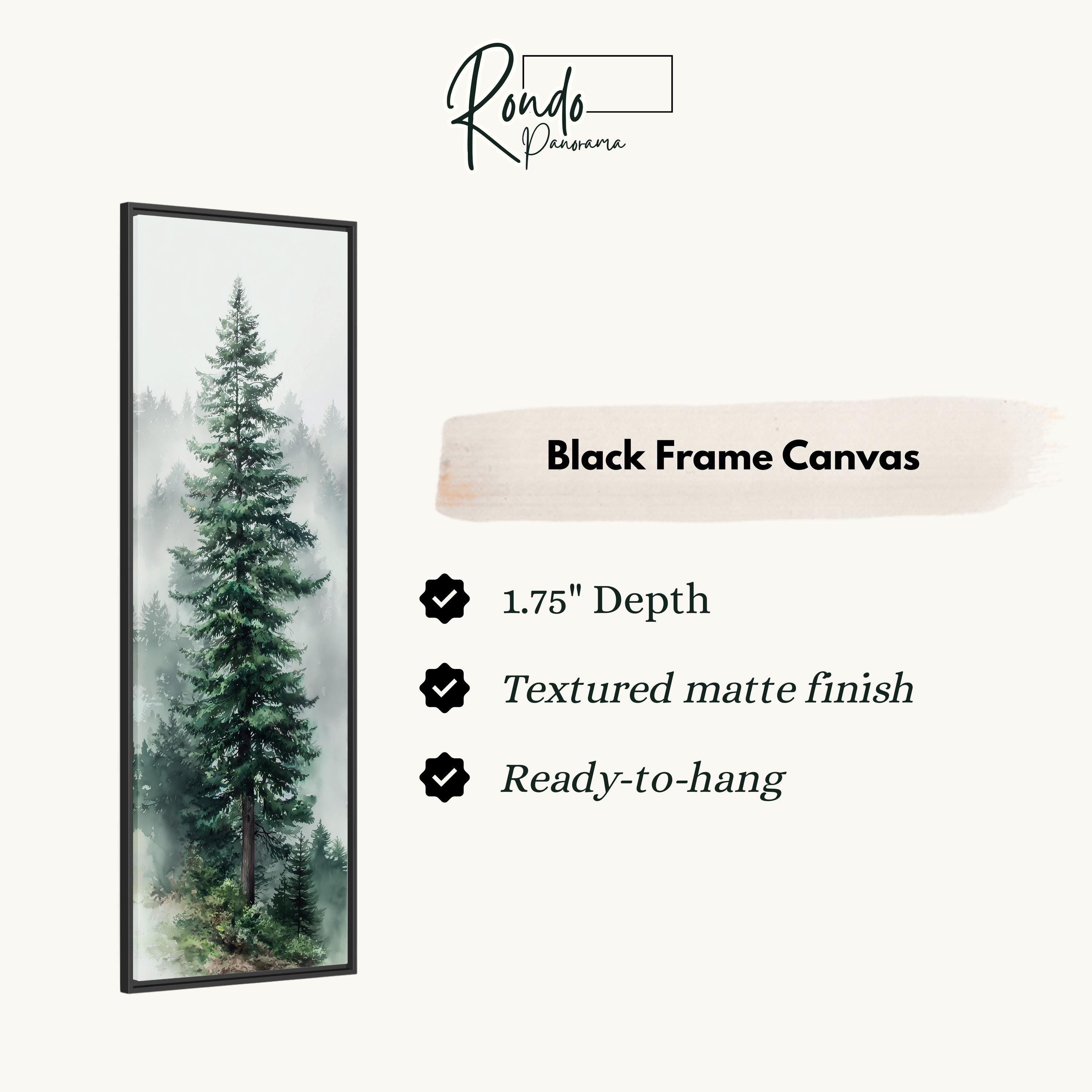 The image is a black frame canvas depicting a tall, green pine tree in a misty forest setting.