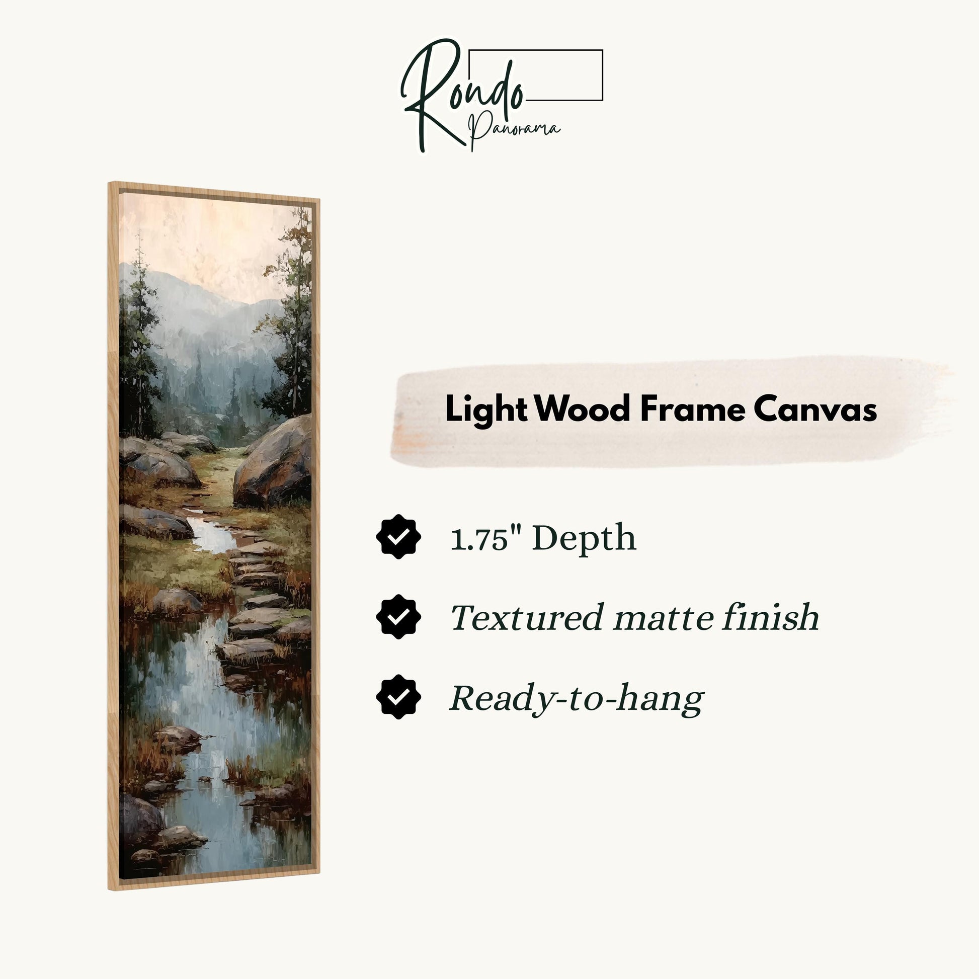 The image is a light wood frame canvas depicting a serene landscape with a stream and mountains in the background.