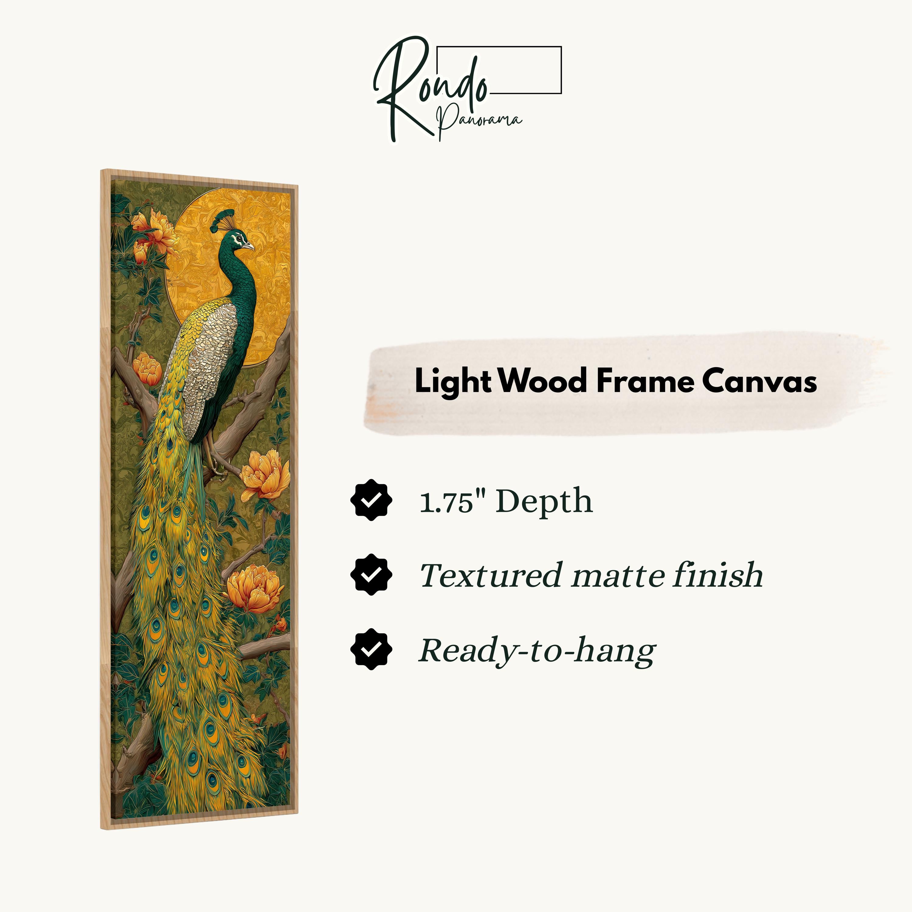 The image is a light wood frame canvas depicting a peacock with a yellow and green body, blue and green tail, and orange and yellow flowers.
