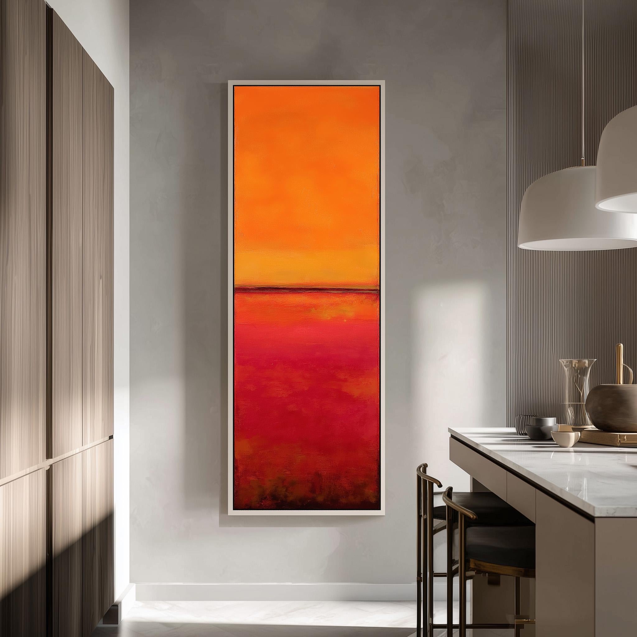 a modern kitchen with a large, vibrant painting of a sunset on the wall. The painting has a warm, orange and red color scheme, creating a striking contrast against the neutral tones of the kitchen. The kitchen is equipped with a white countertop and a barstool, and there is a pendant light hanging above the counter.