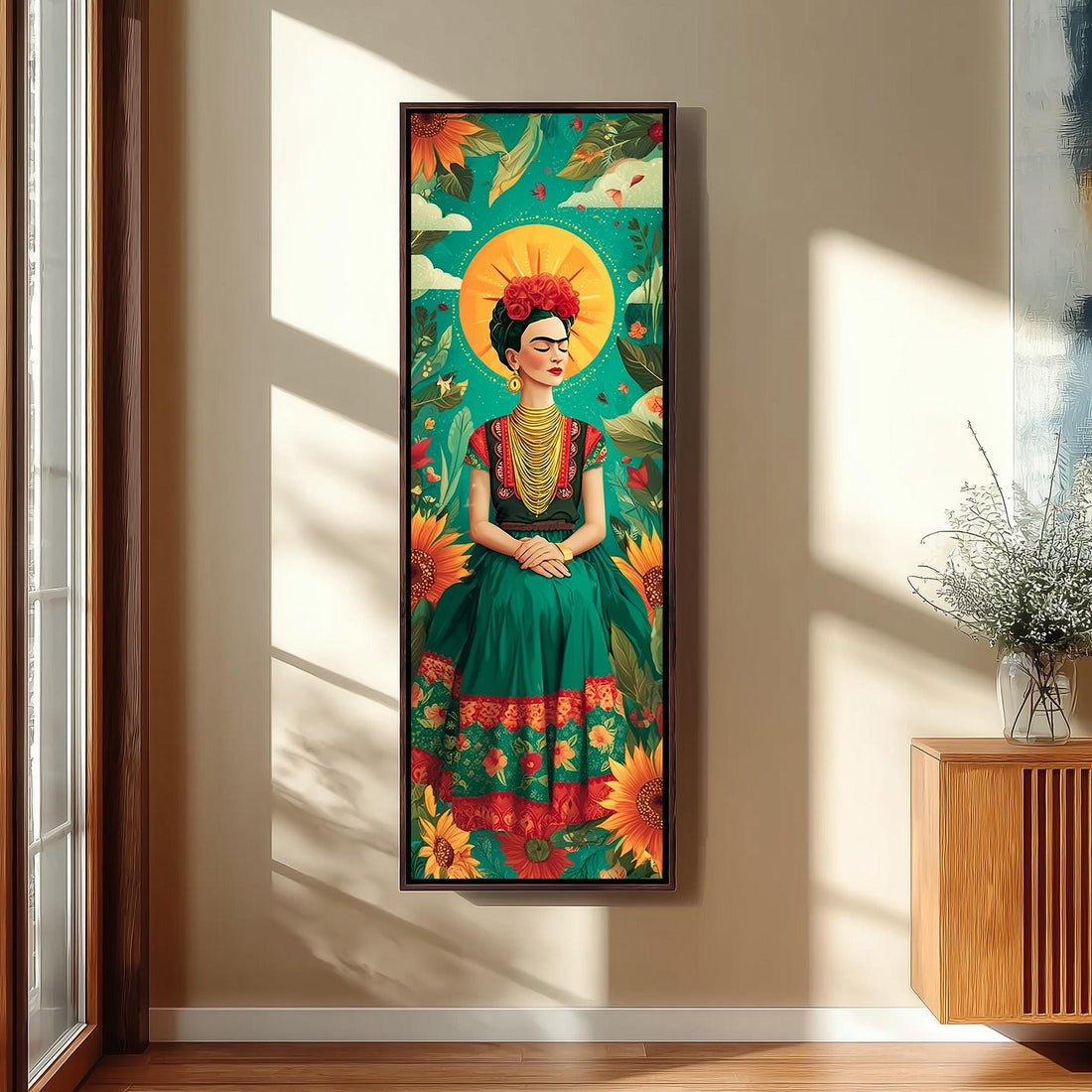 a framed painting of a woman with a green dress and a red headband, surrounded by a colorful floral background.