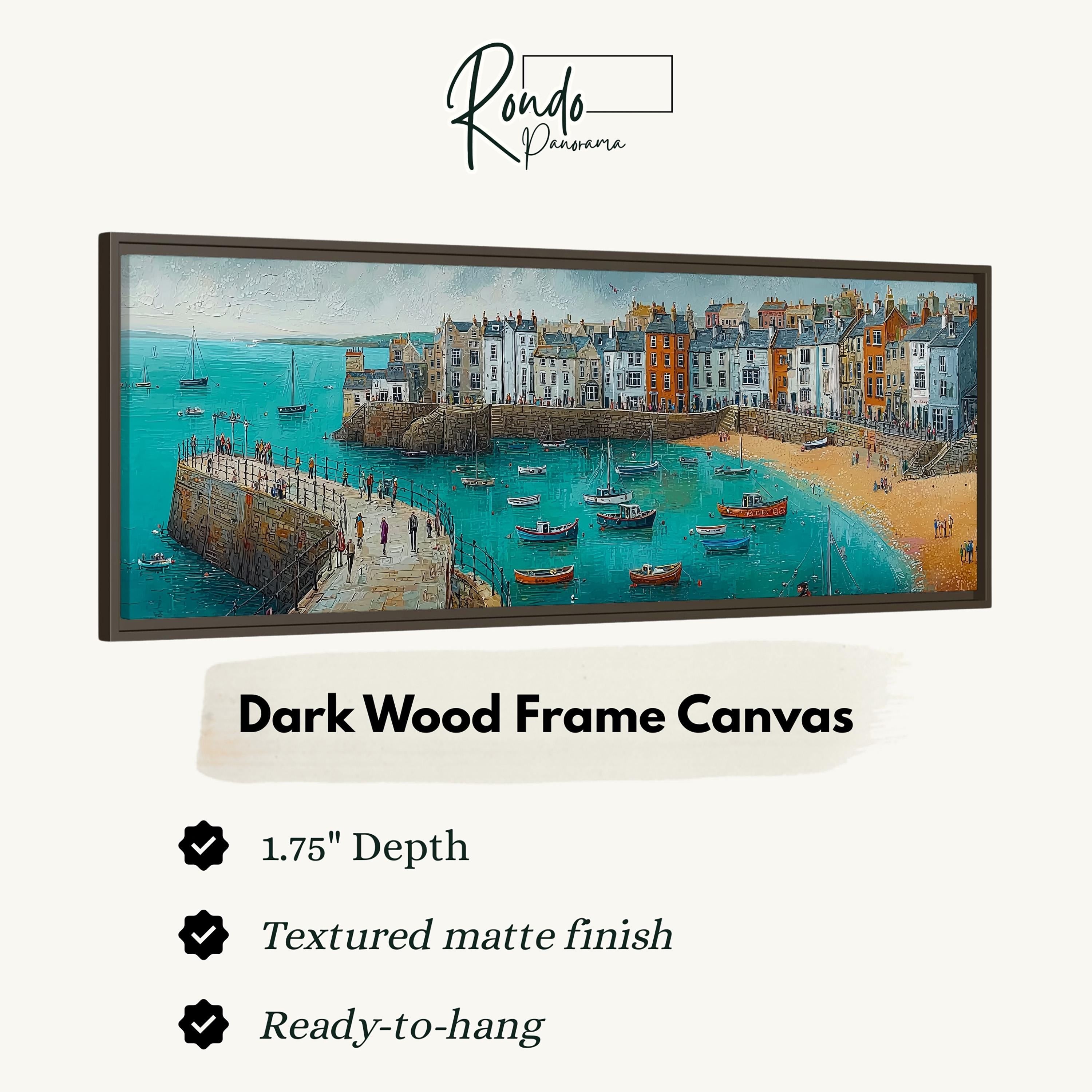 The image is a framed painting depicting a coastal town with boats on the water.