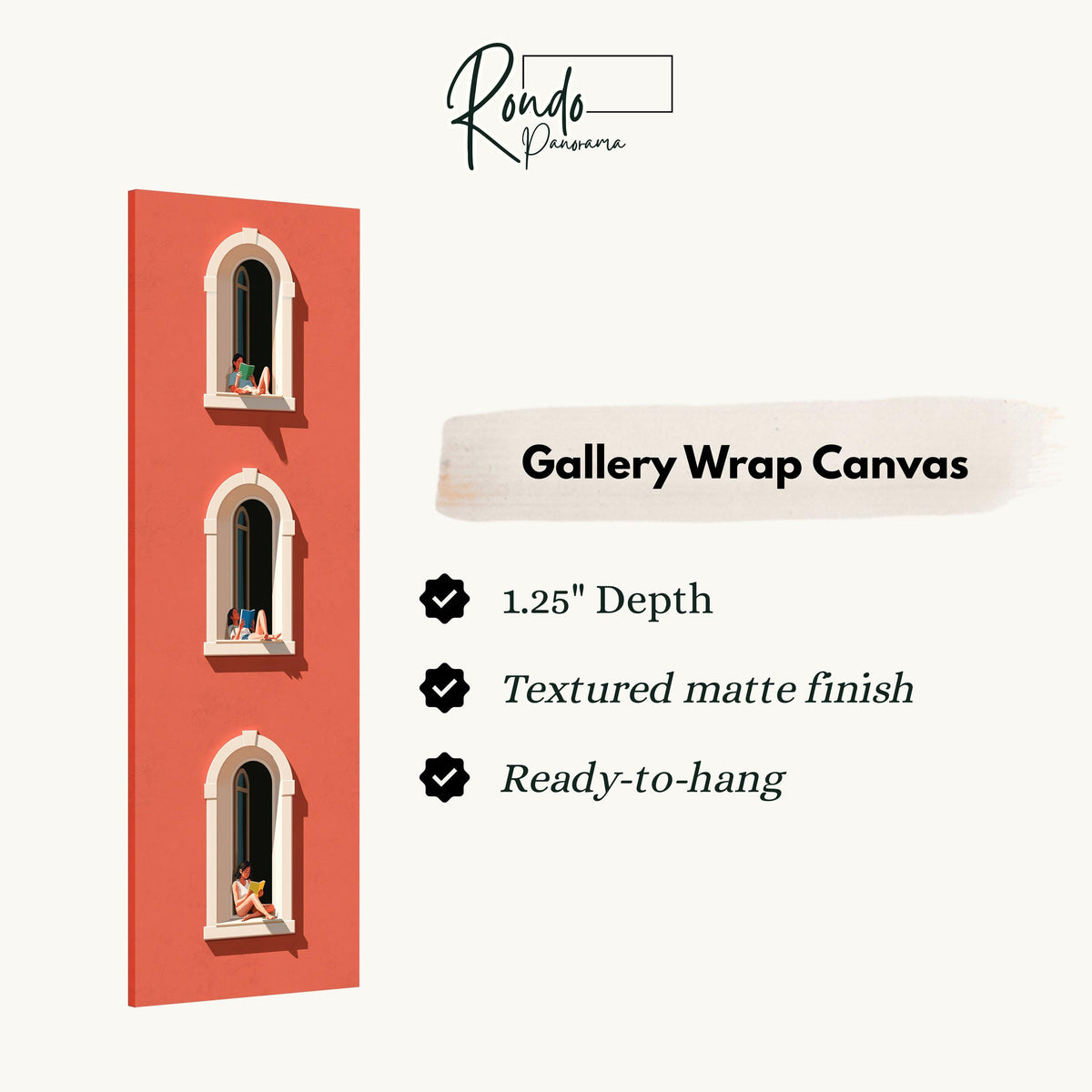 People reading in three arched windows on a coral wall gallery wrap canvas with the image wrapped around the edges