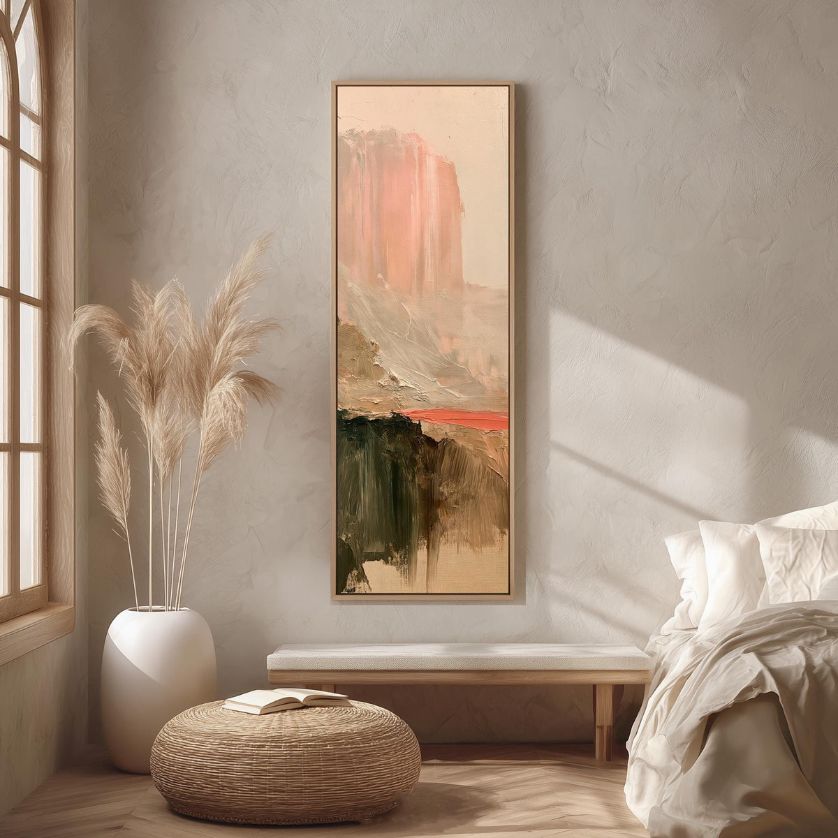 Abstract desert mesa and red river long vertical canvas print in a bright reading corner