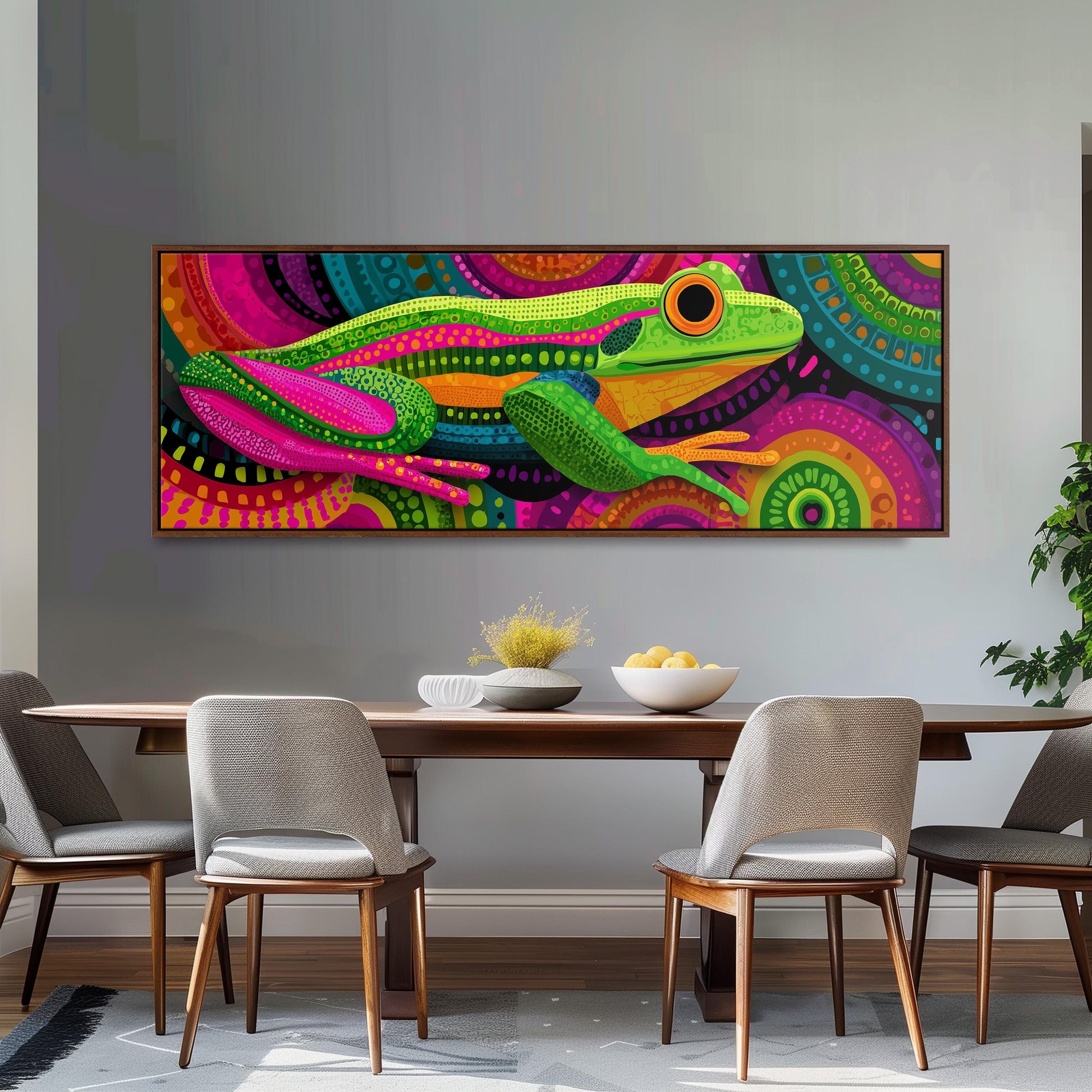 a large, colorful painting of a frog on the wall above a wooden dining table with four chairs.