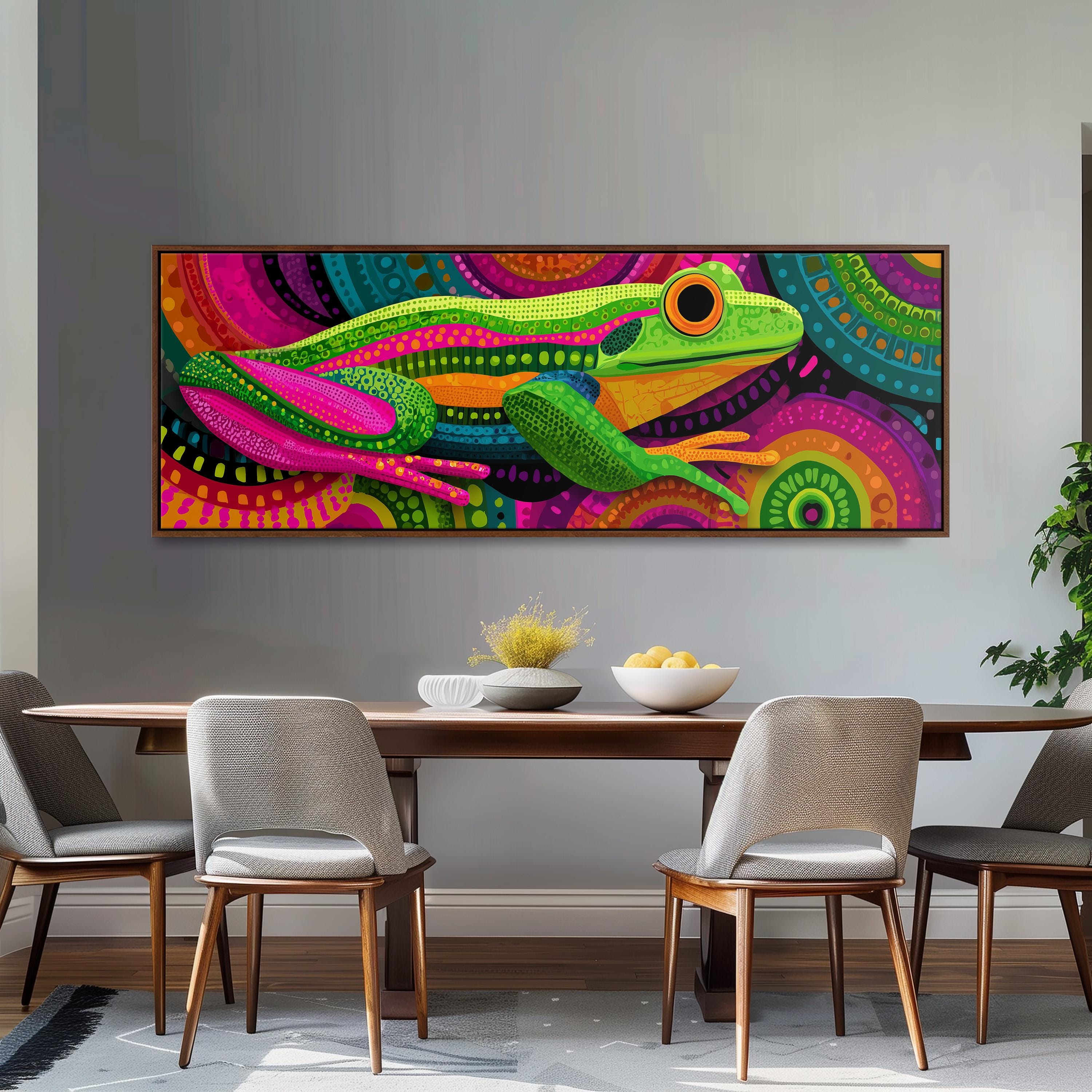 a large, colorful painting of a frog on the wall above a wooden dining table with four chairs.
