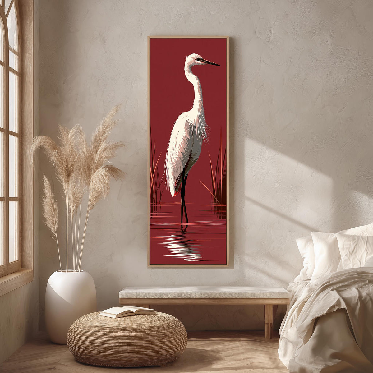 White egret wading on crimson red long vertical canvas print in a bright reading corner