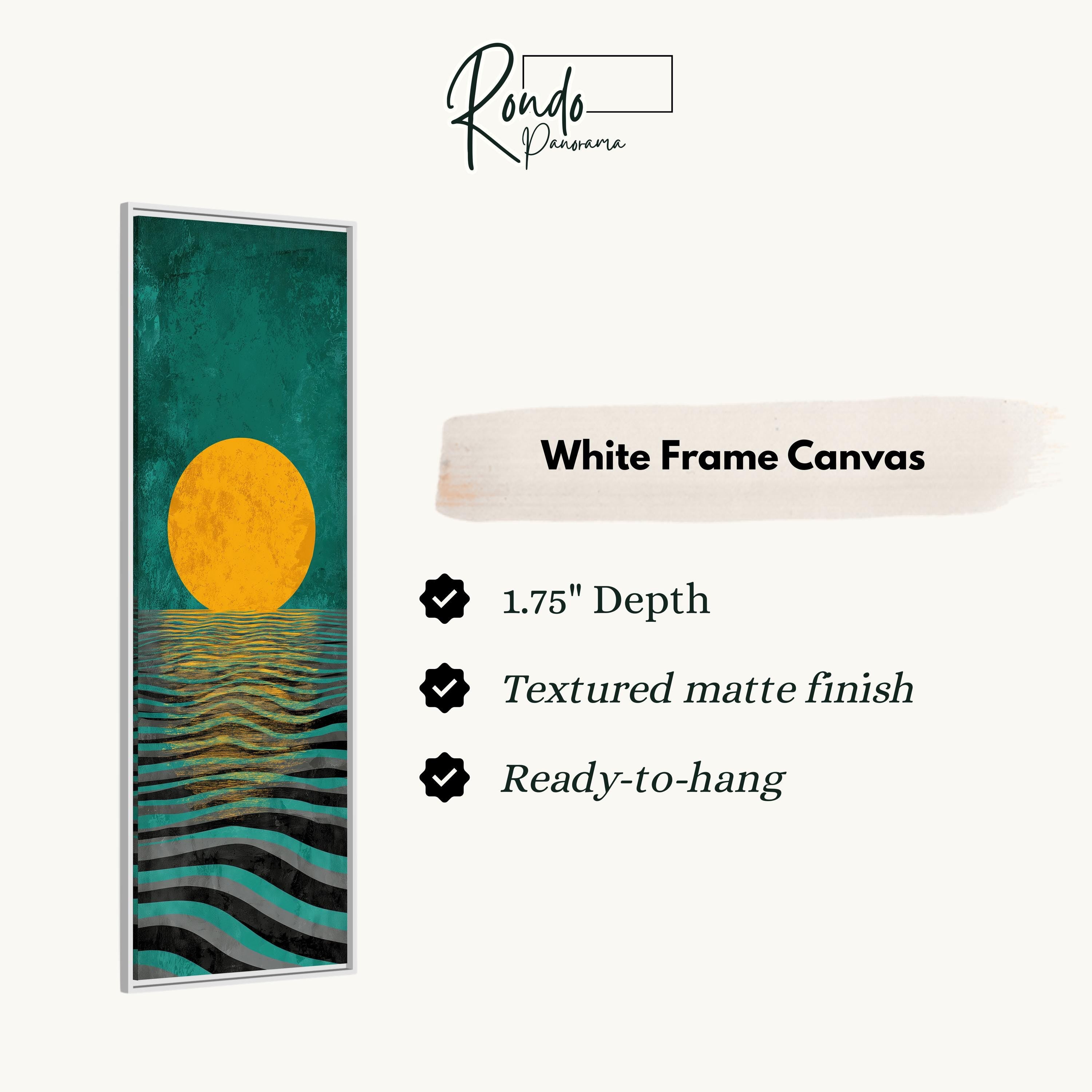 The image is a white frame canvas with a painting of a sunset over a body of water.