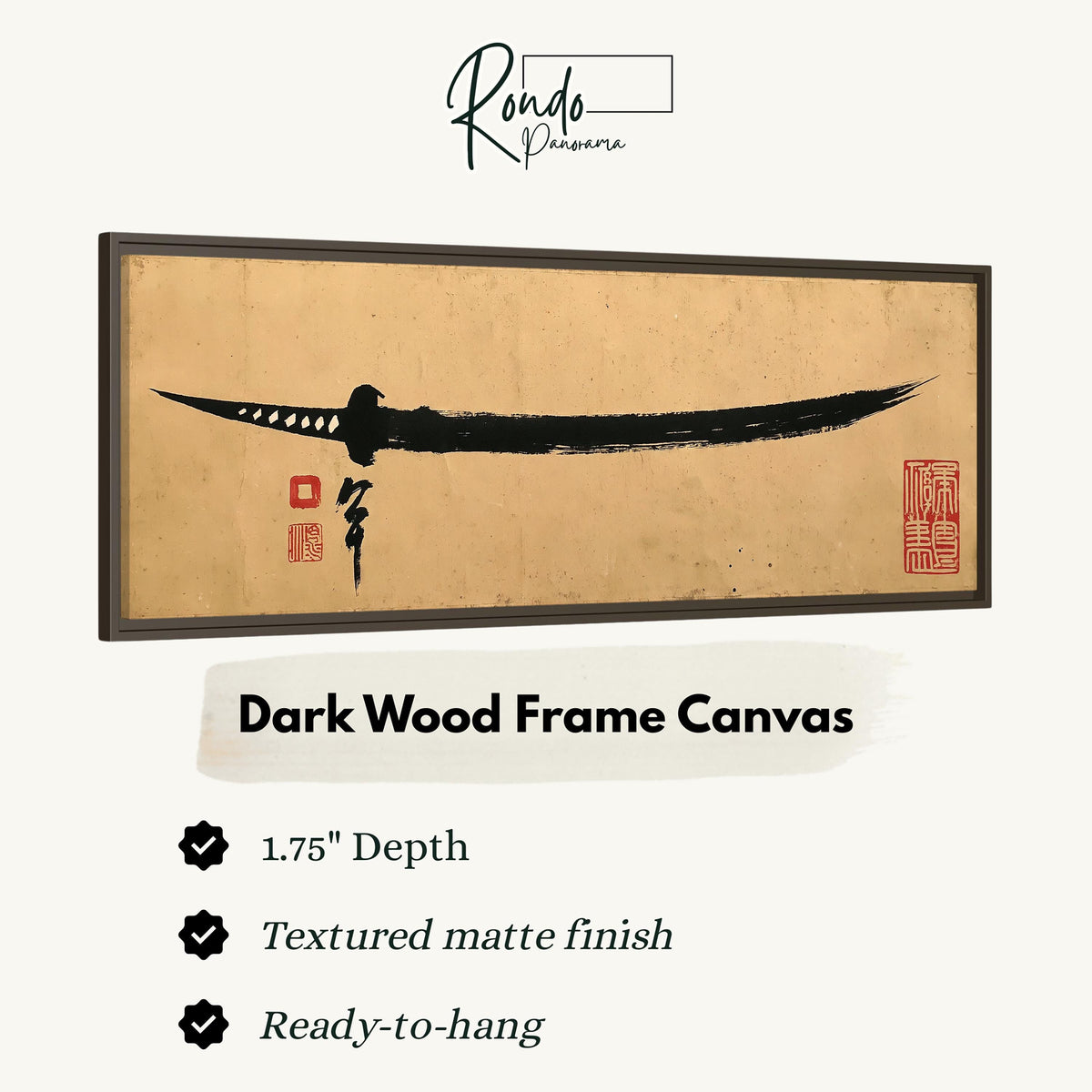 Ink brush katana canvas print in a dark wood floating frame