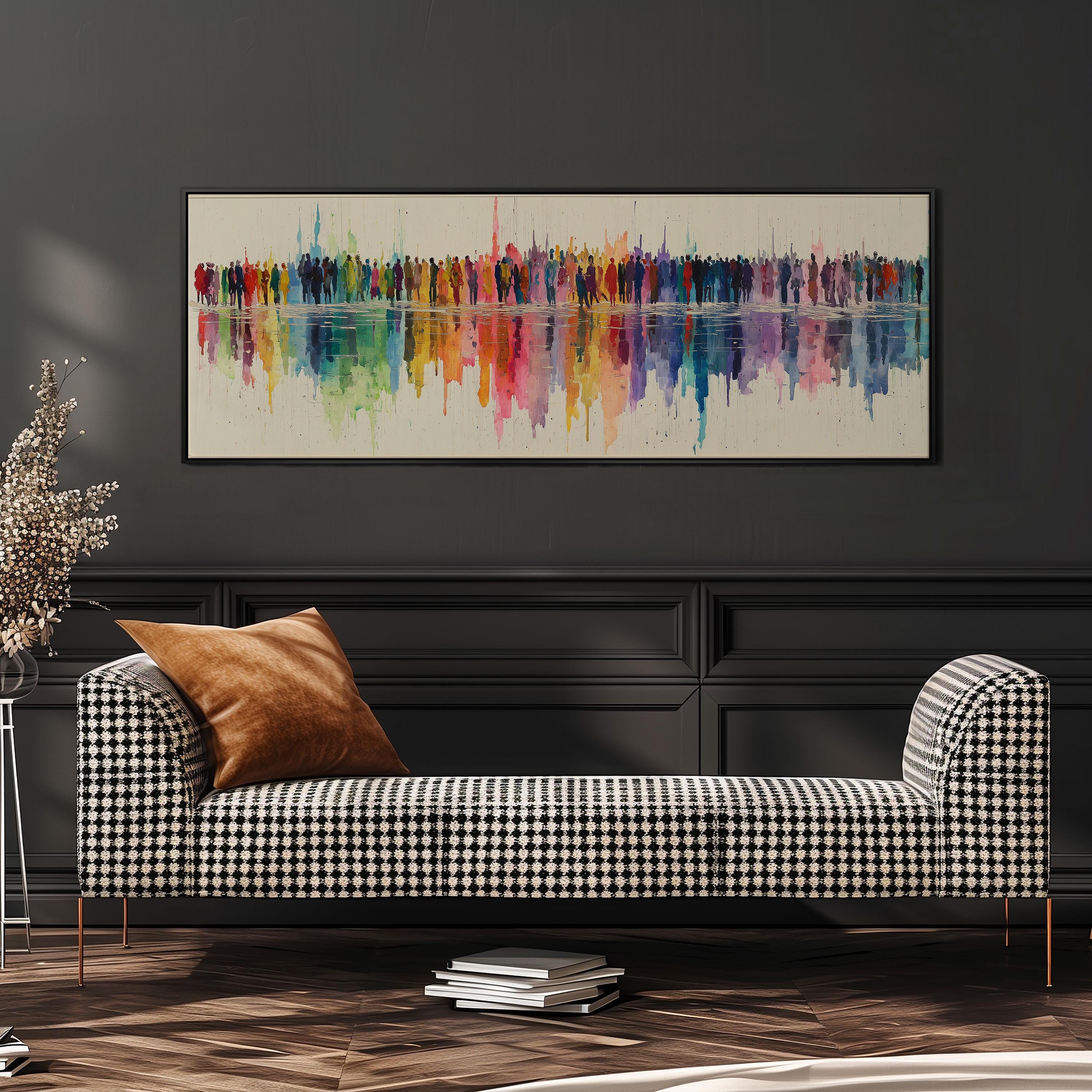 a checkered black and white sofa with a brown throw pillow, positioned in front of a large abstract painting depicting a colorful city skyline.