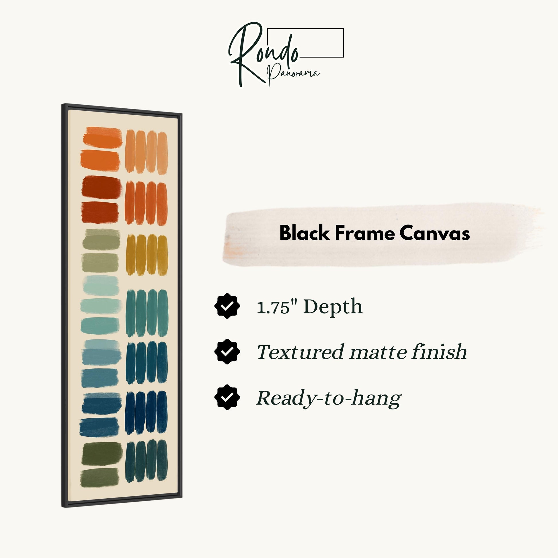 The image is a product description for a black frame canvas. It features a vertical arrangement of colorful brushstrokes in various shades of green, blue, orange, and red. The product has a 1.75" depth, a textured matte finish, and is ready to hang.