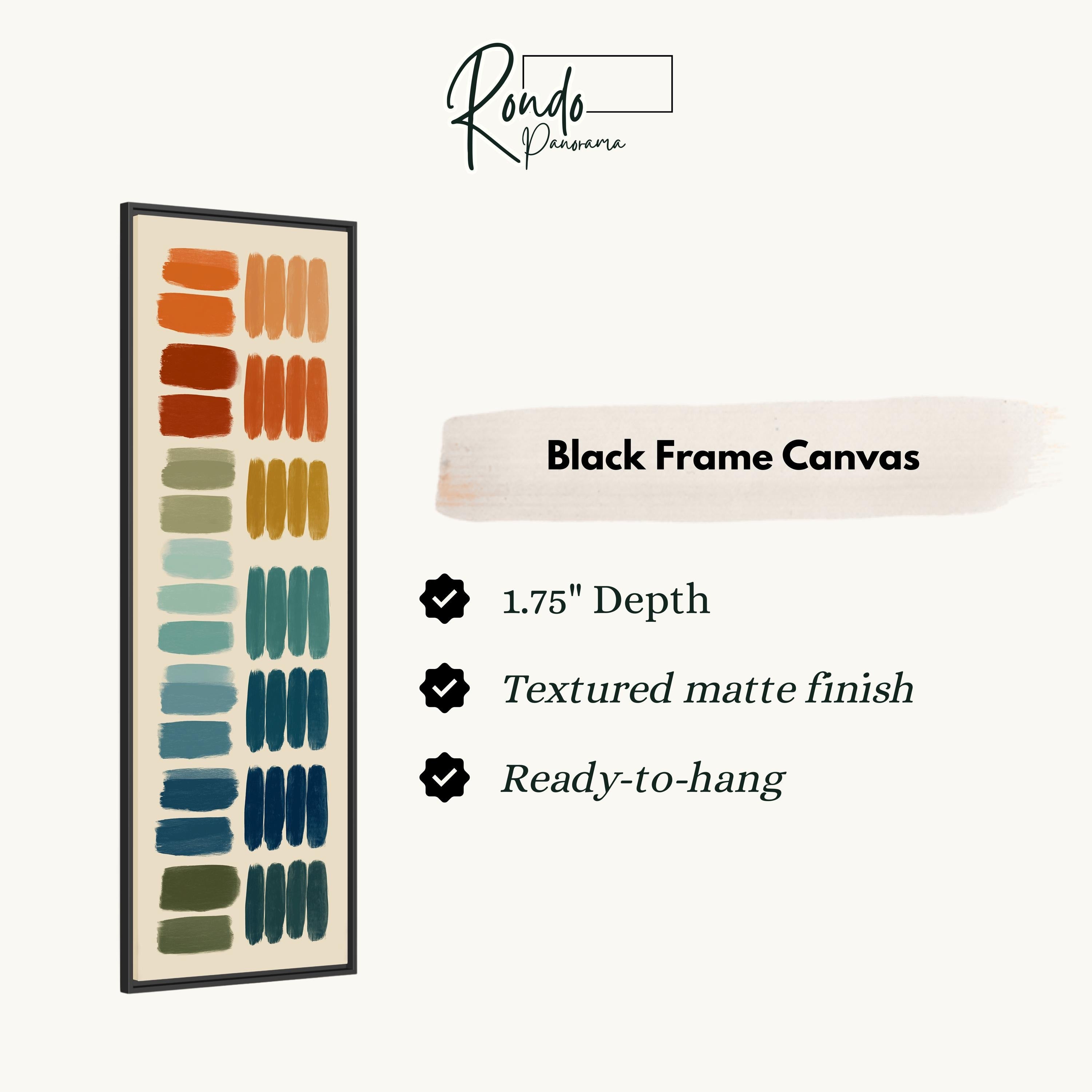The image is a product description for a black frame canvas. It features a vertical arrangement of colorful brushstrokes in various shades of green, blue, orange, and red. The product has a 1.75" depth, a textured matte finish, and is ready to hang.