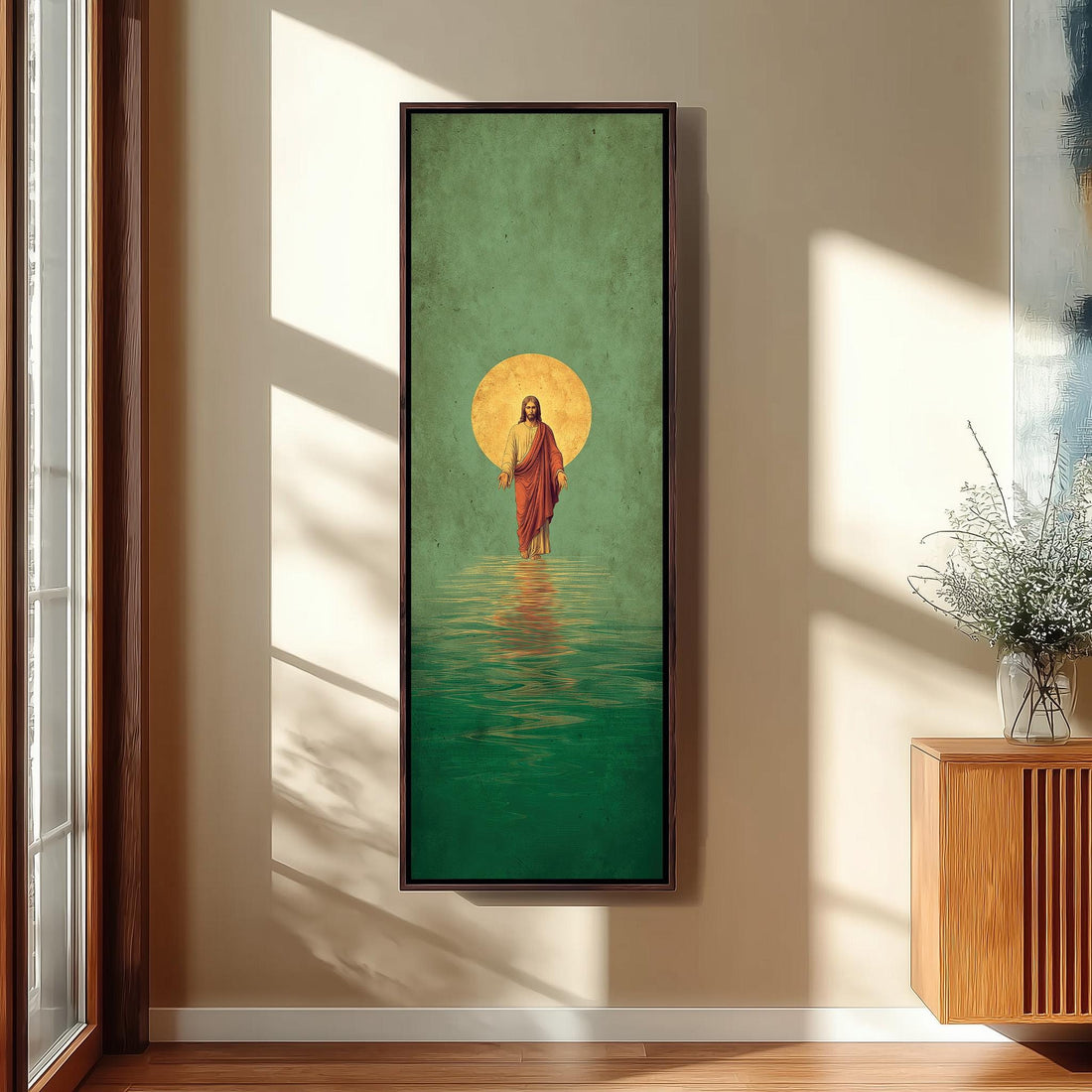 a large painting of Jesus Christ in the water, hanging on the wall of a room with a wooden staircase and a bench.