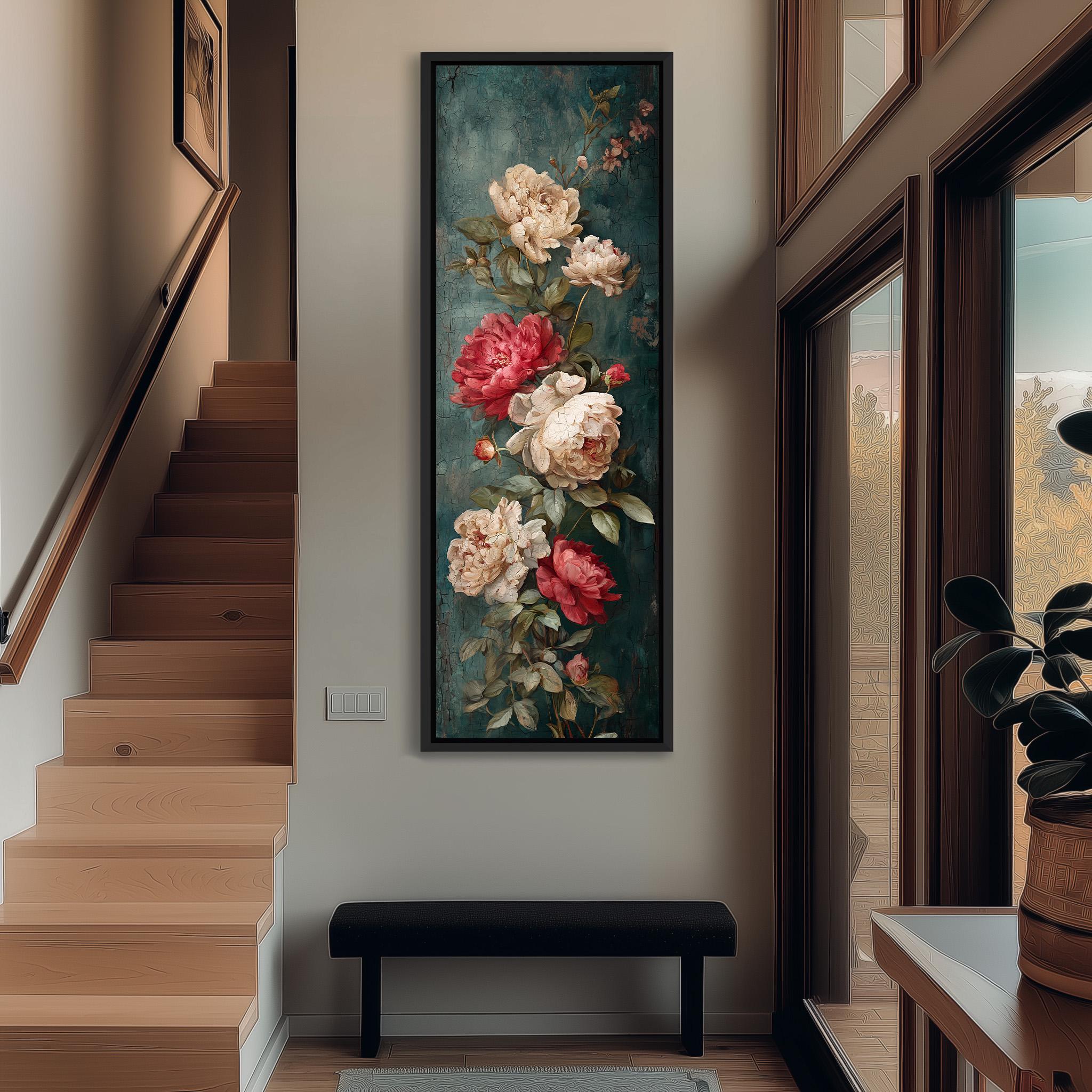 a large floral painting hanging on the wall of a hallway, with a wooden staircase and a bench in the foreground.