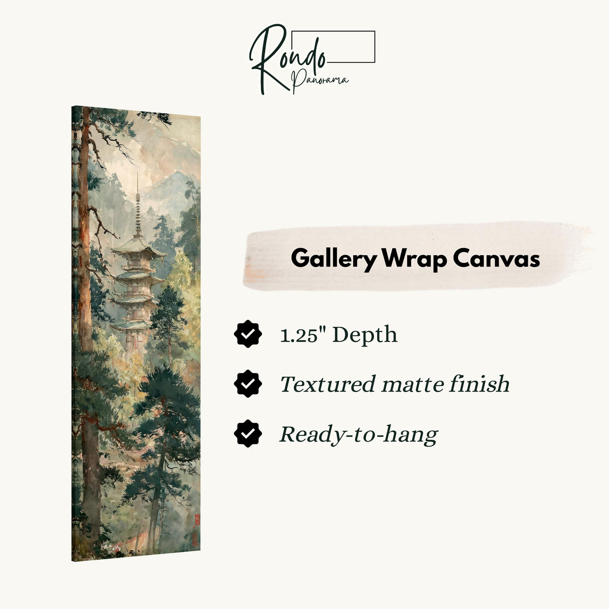 Pagoda in a misty pine forest gallery wrap canvas with the image wrapped around the edges