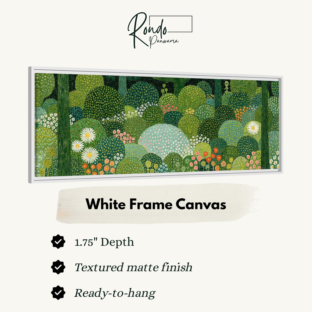 Whimsical dotted topiary garden canvas print in a white floating frame
