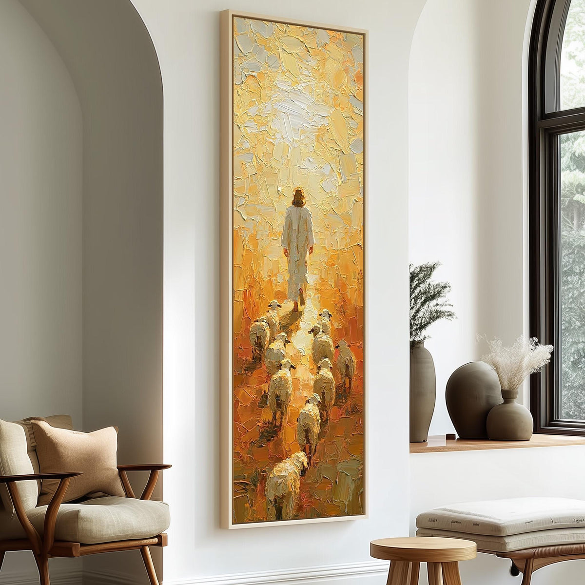 Jesus walking with his flock in golden light tall skinny canvas print in a sunlit living space