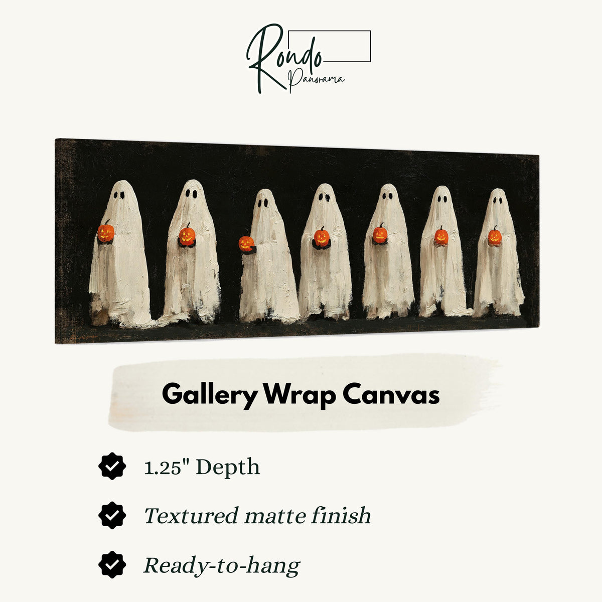 Row of ghosts holding pumpkins gallery wrap canvas with the image wrapped around the edges