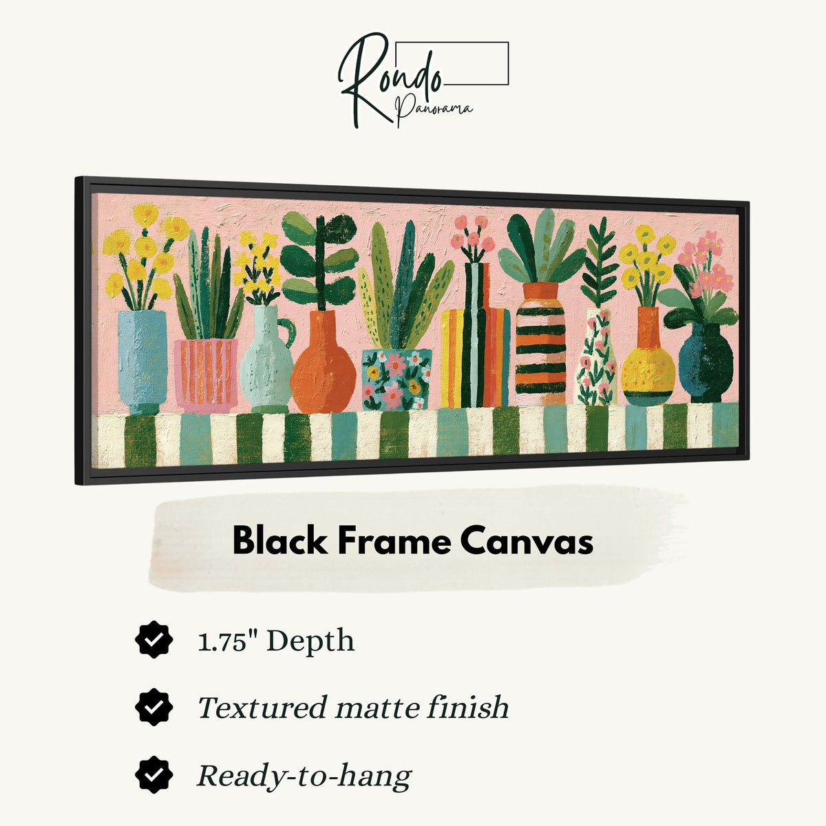 Row of boho potted plants canvas print in a black floating frame
