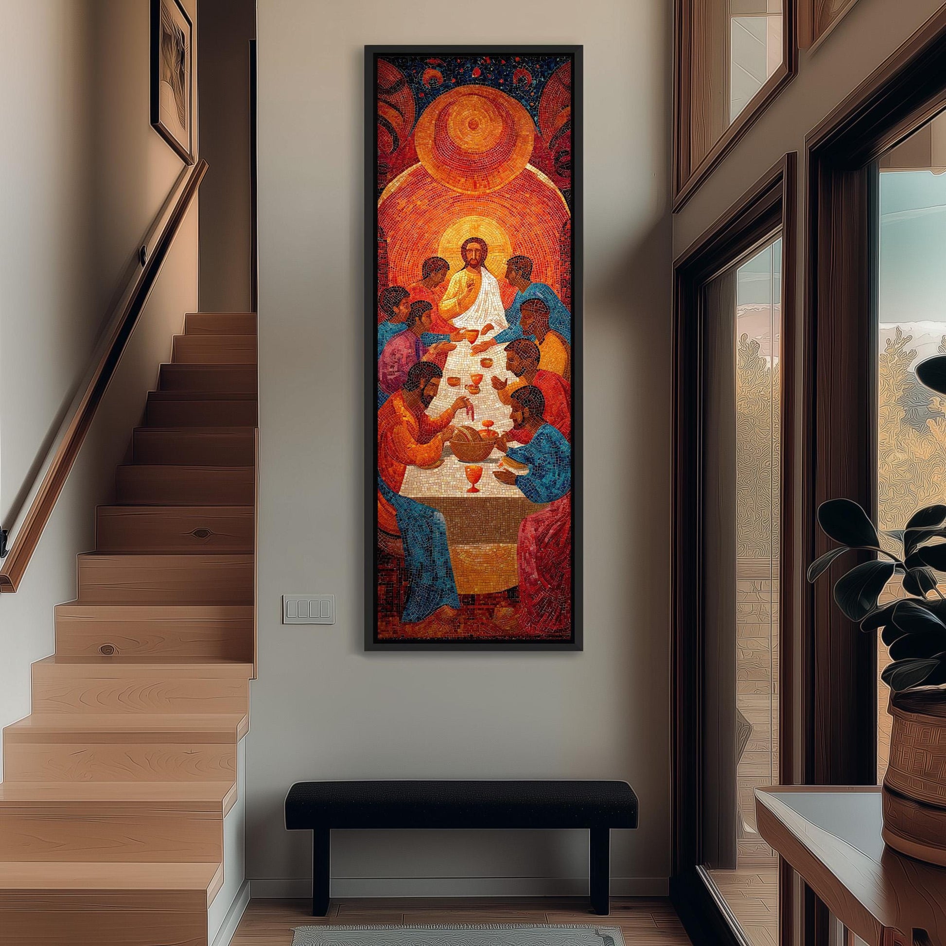 a large, colorful painting of Jesus Christ and his twelve apostles hanging on a wall in a hallway.
