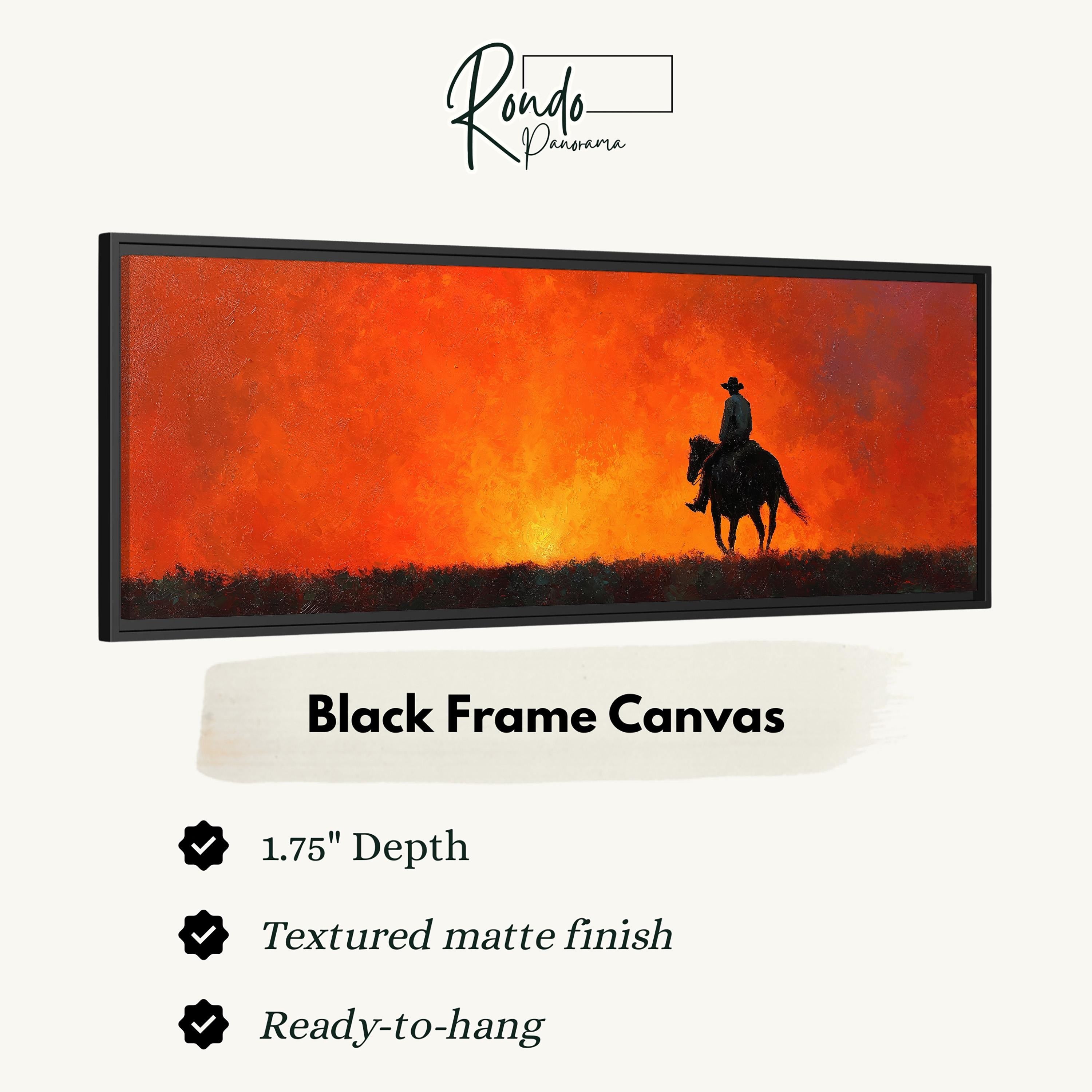 The image is a black frame canvas depicting a cowboy riding a horse against a sunset.