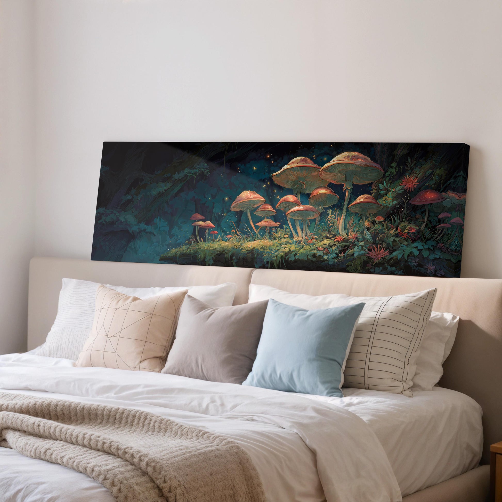 a large, colorful painting of mushrooms on a wall above a bed with white pillows and a white comforter.
