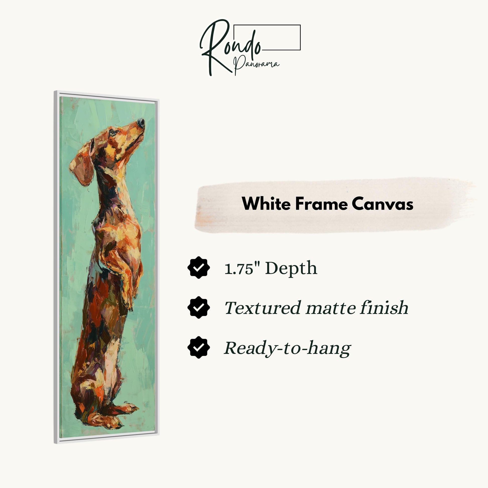 The image is a white frame canvas featuring a painting of a dachshund dog.
