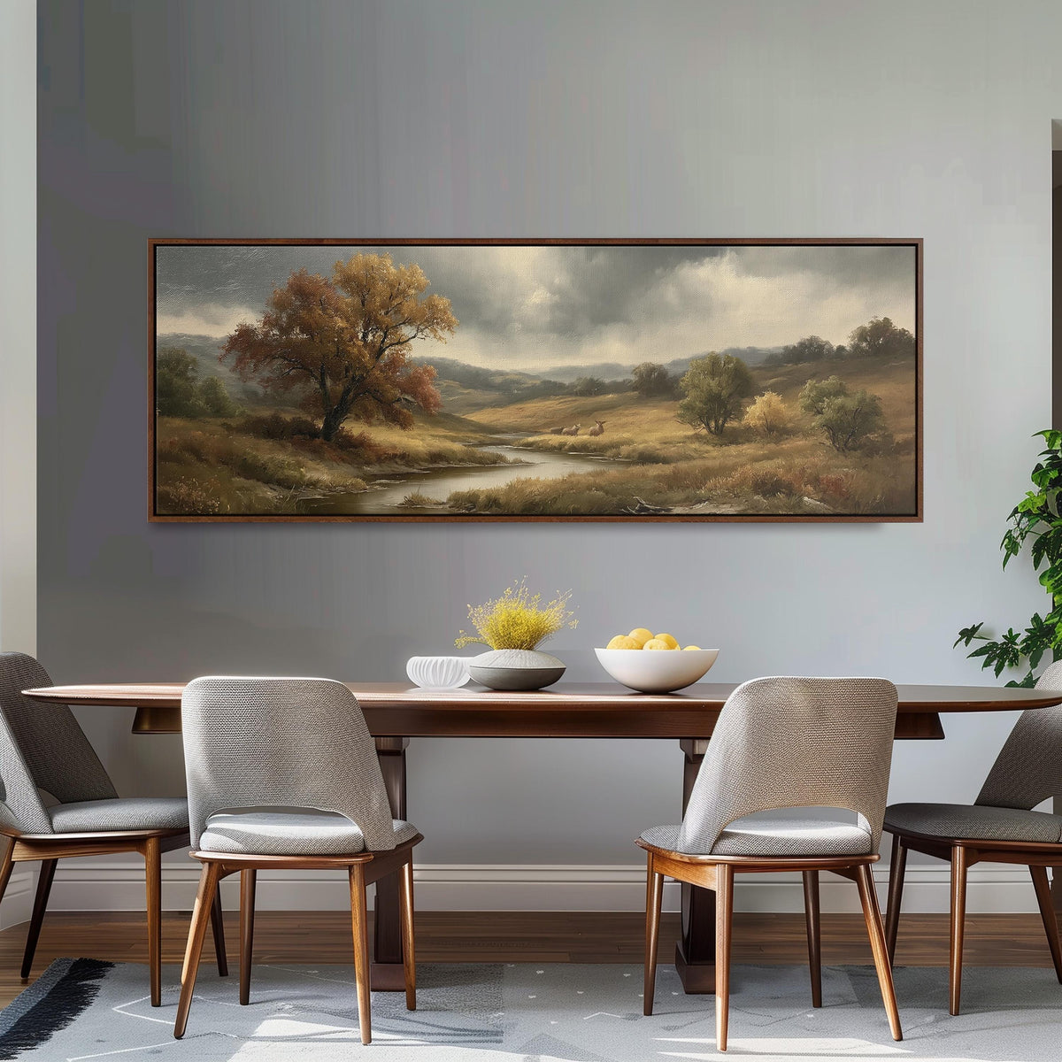 Autumn river valley under a stormy sky long horizontal canvas print above a dining table
