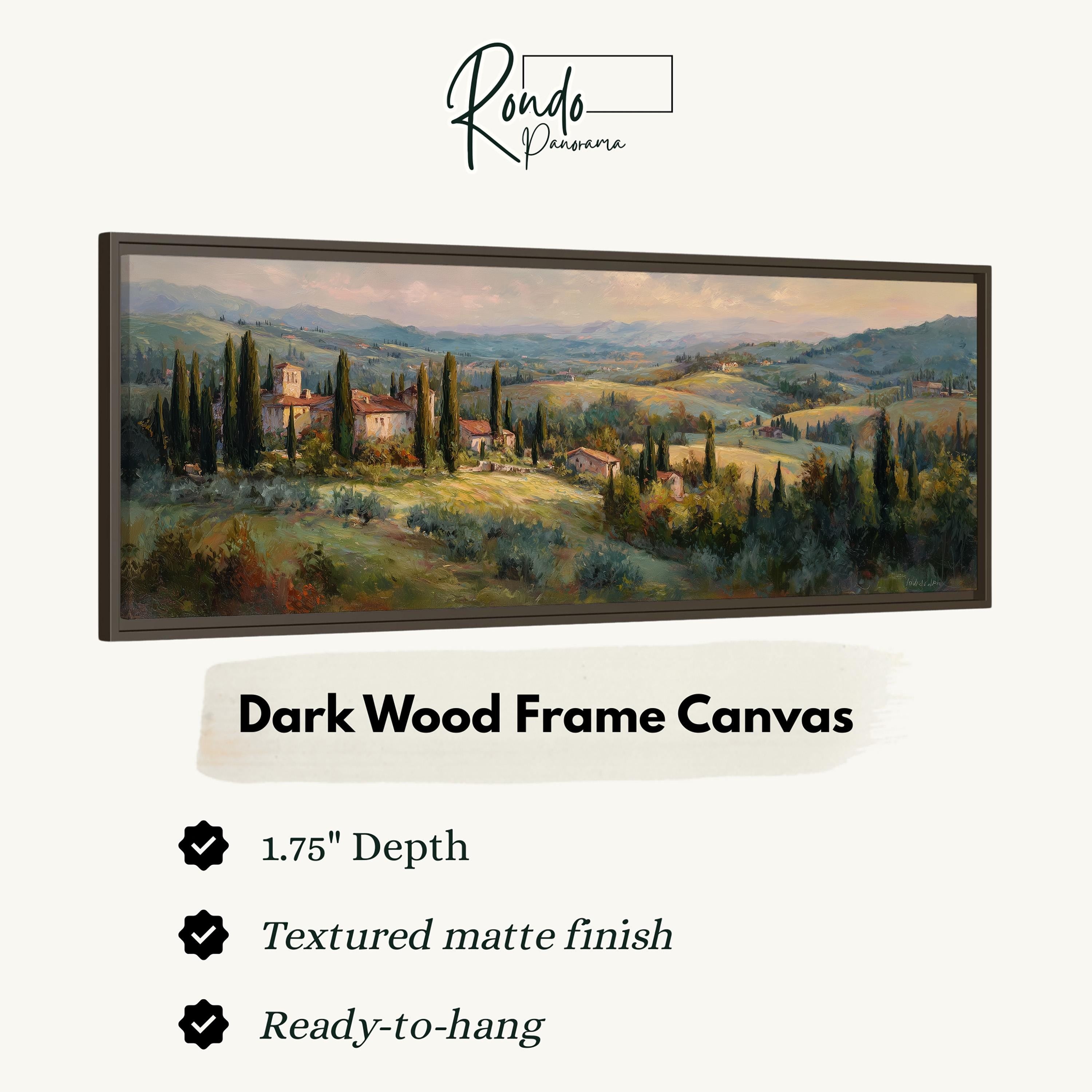 The image is a painting of a countryside landscape, featuring a dark wood frame canvas.