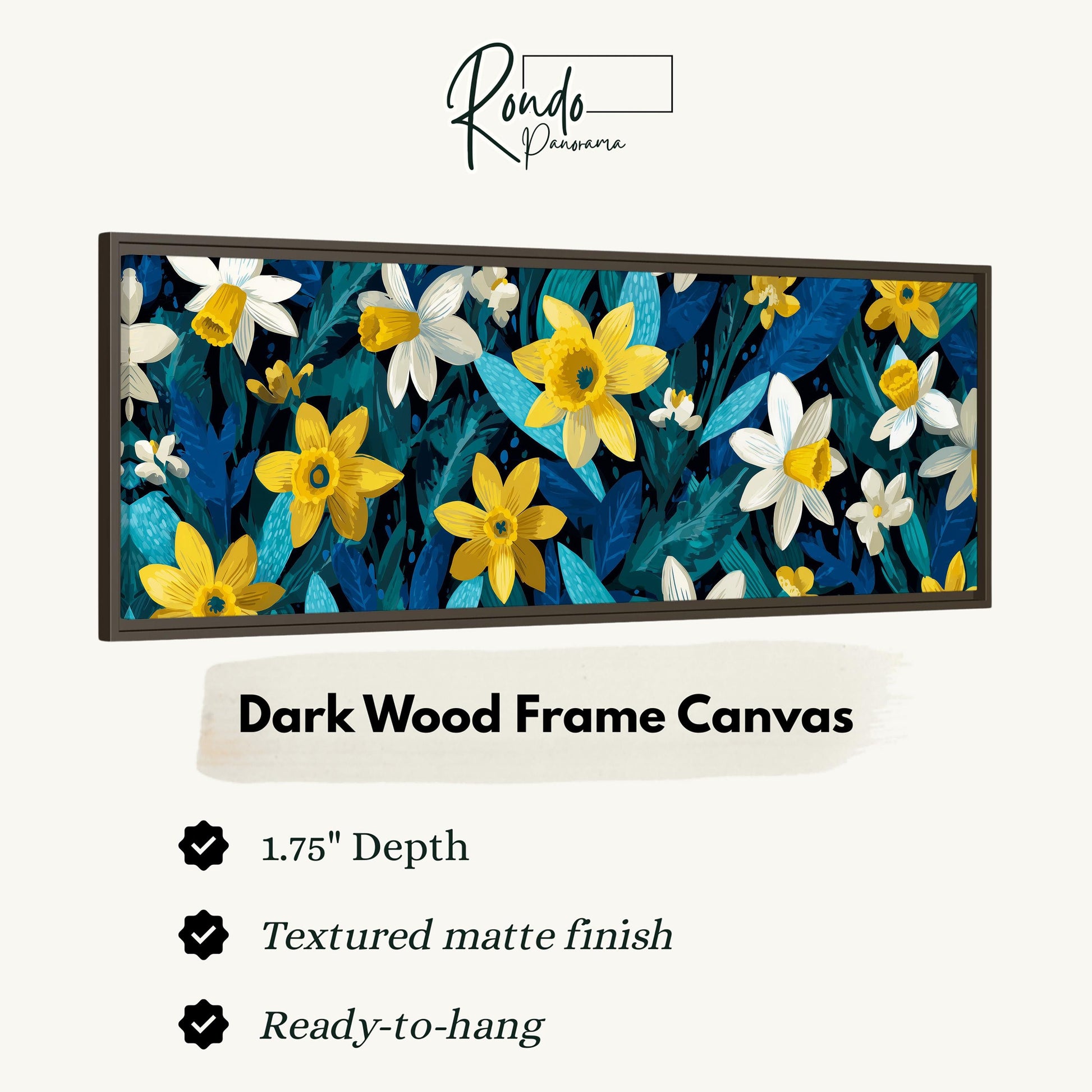 The image is a framed canvas depicting a vibrant floral pattern with yellow and white flowers against a dark wood frame.