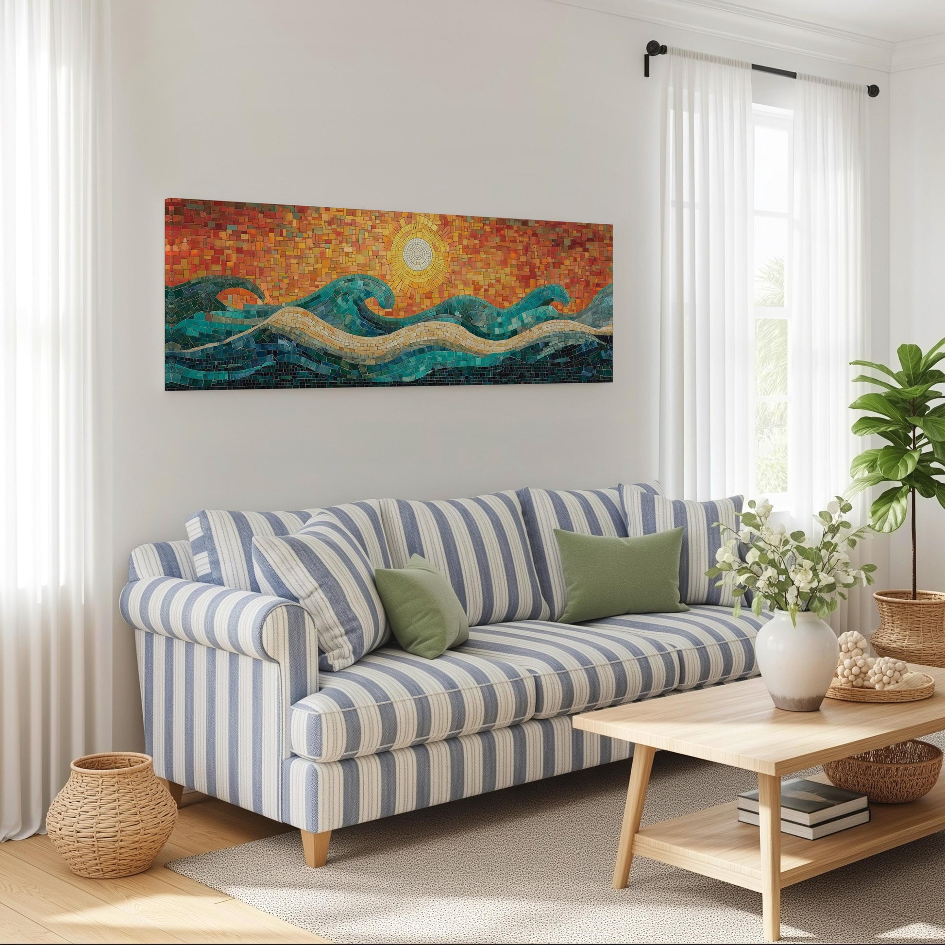 a cozy living room with a striped blue and white sofa, a wooden coffee table, and a large abstract painting of ocean waves on the wall.
