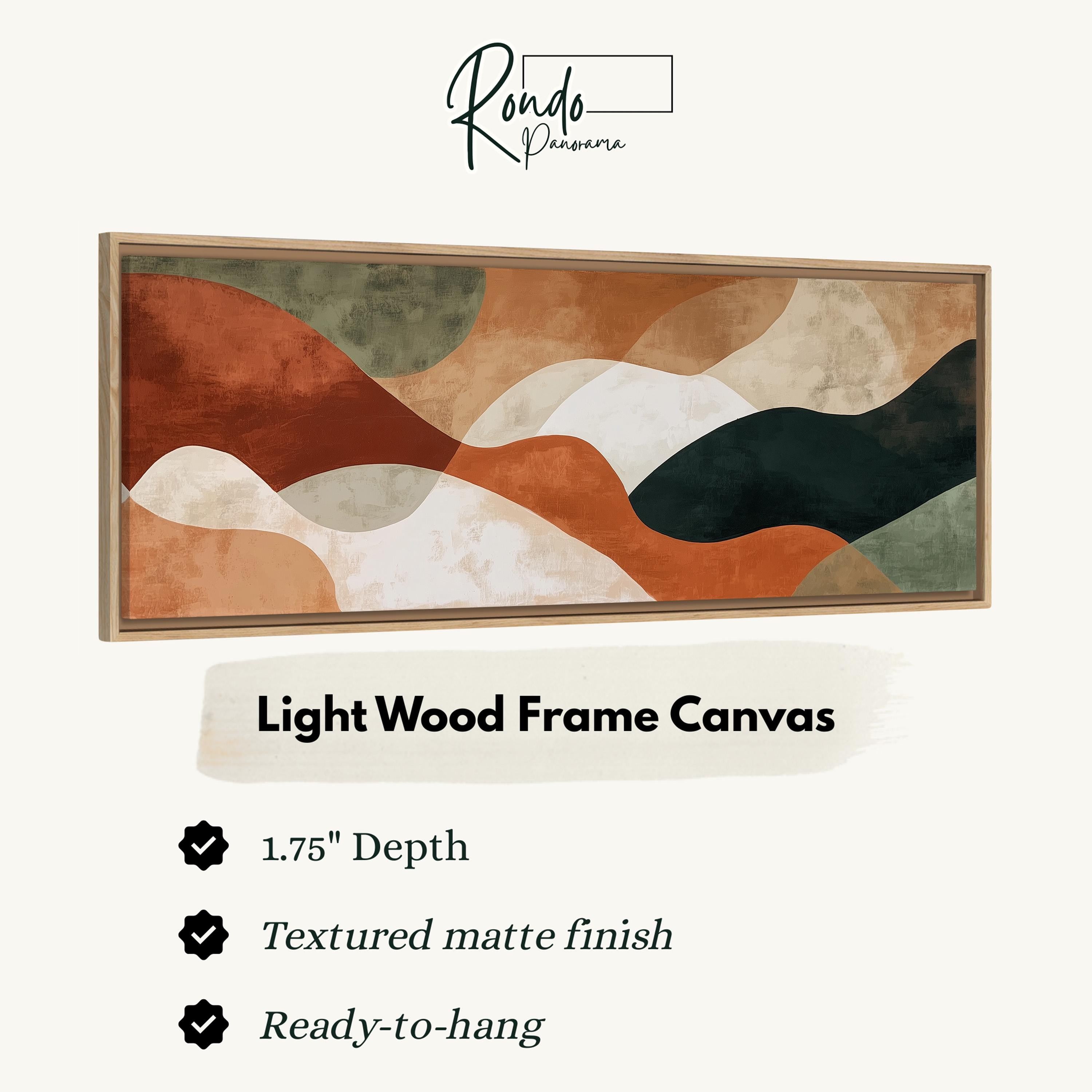 The image is a product advertisement for a light wood frame canvas. It features a large abstract painting with a textured finish and a 1.75" depth. The product is described as a "Ready-to-hang" and has a "Textured matte finish".