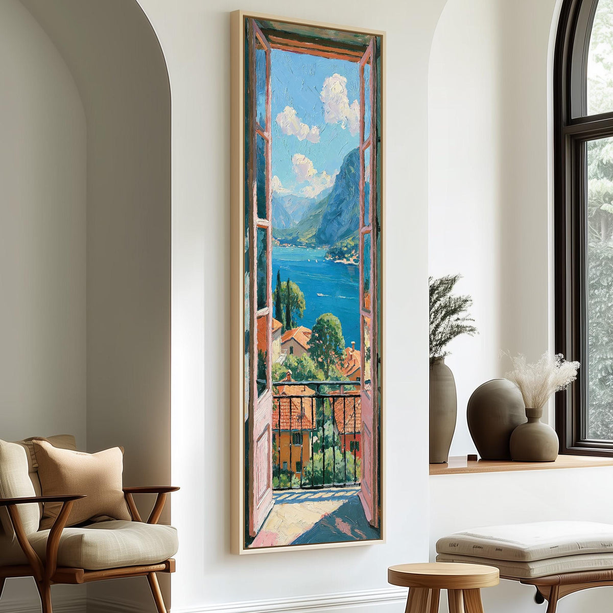 Italian lake view from an open balcony door tall skinny canvas print in a sunlit living space