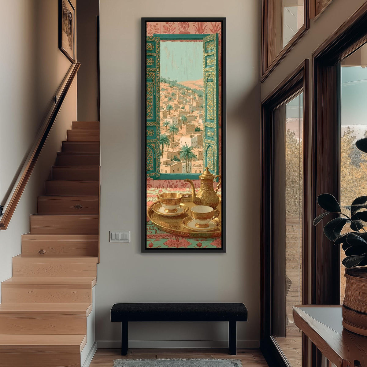 Moroccan tea set by an ornate window tall narrow canvas print beside a staircase in an entryway