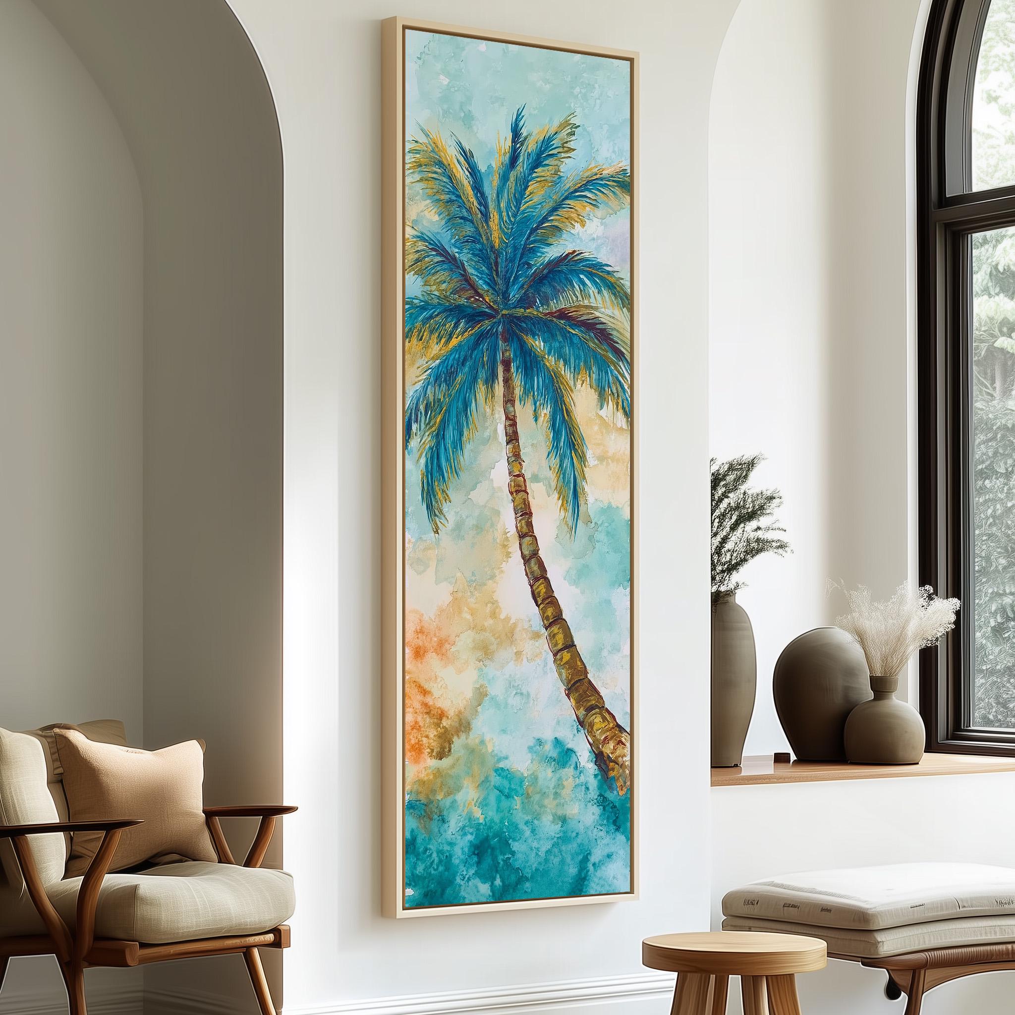 a large painting of a palm tree hanging on a wall, with a wooden chair and a small table in the foreground.