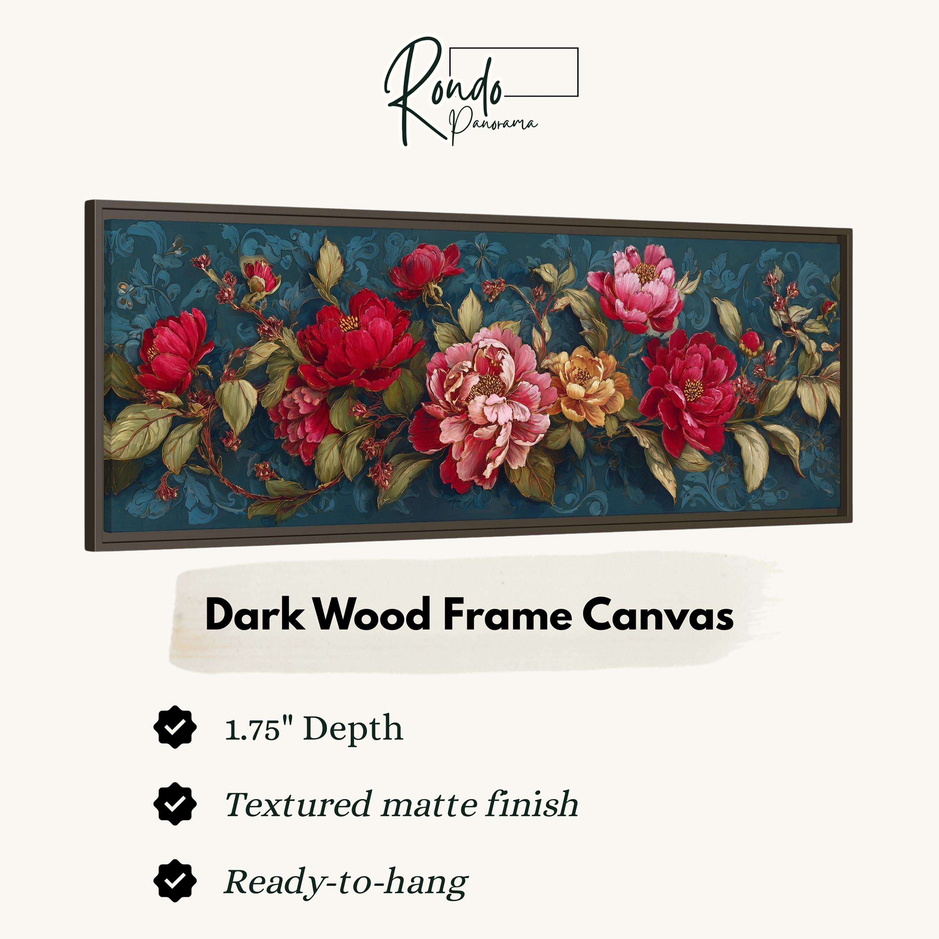 The image is a framed canvas depicting a floral design with red and pink flowers against a dark blue background.