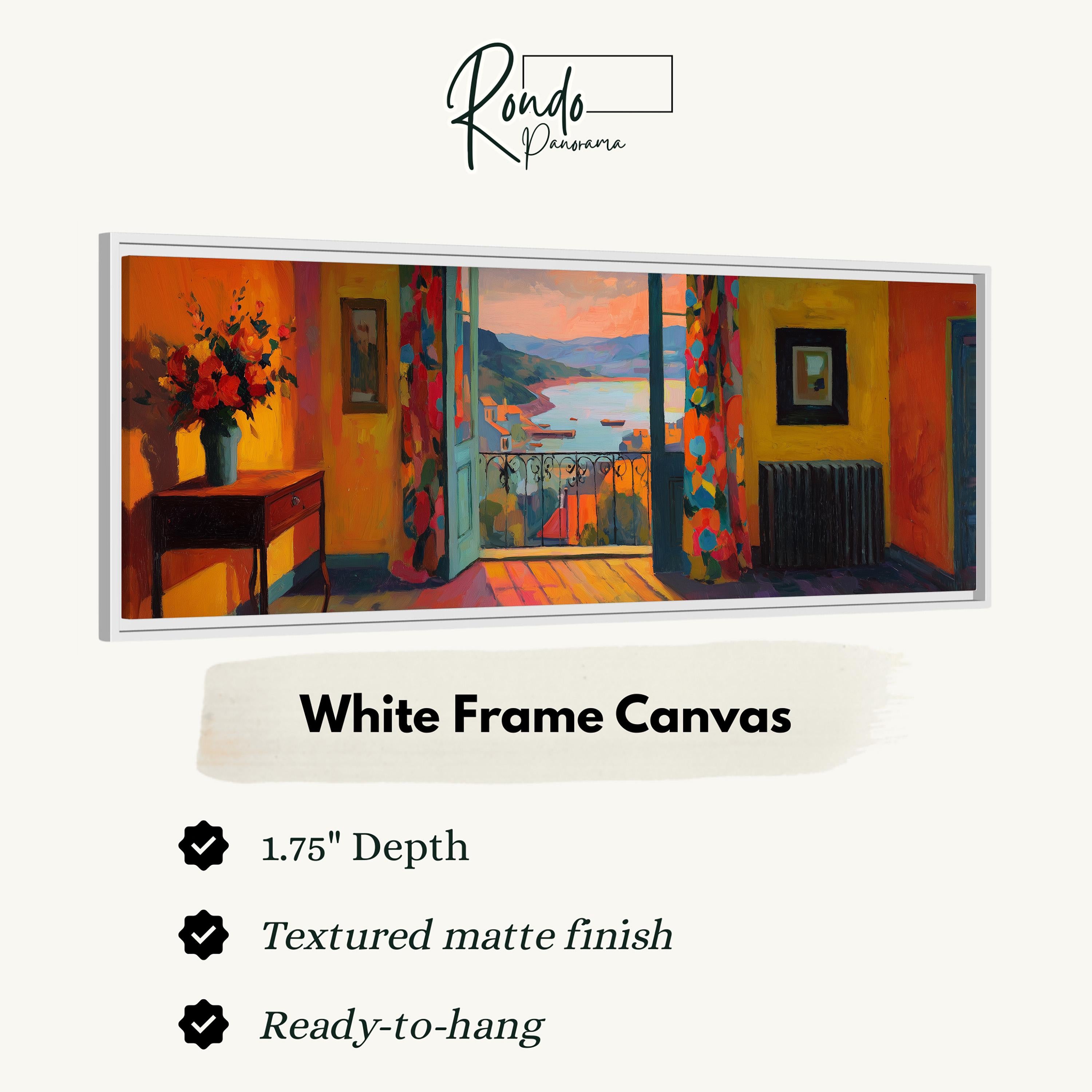 The image is a framed painting depicting a colorful interior with a view of a coastal landscape through a window.