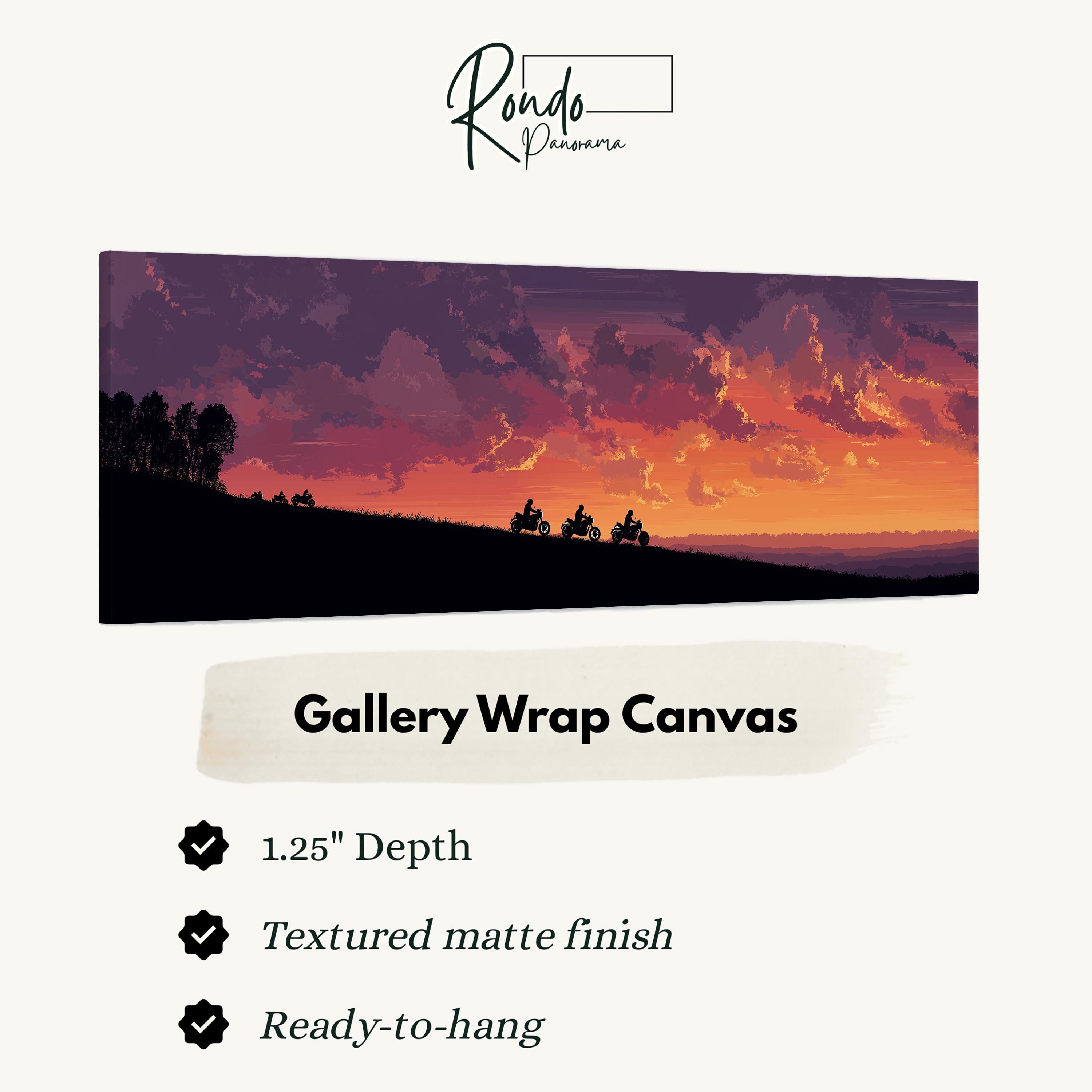 The image is a digital artwork depicting a sunset over a hill with silhouetted figures riding motorcycles.