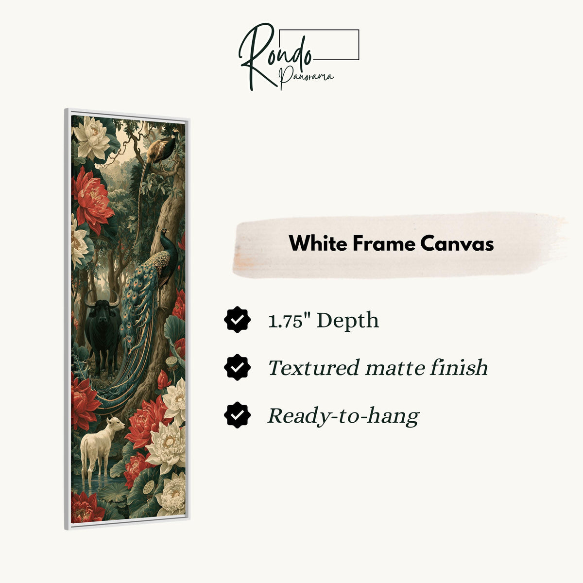 Peacock and animals in a lush jungle of lilies canvas print in a white floating frame