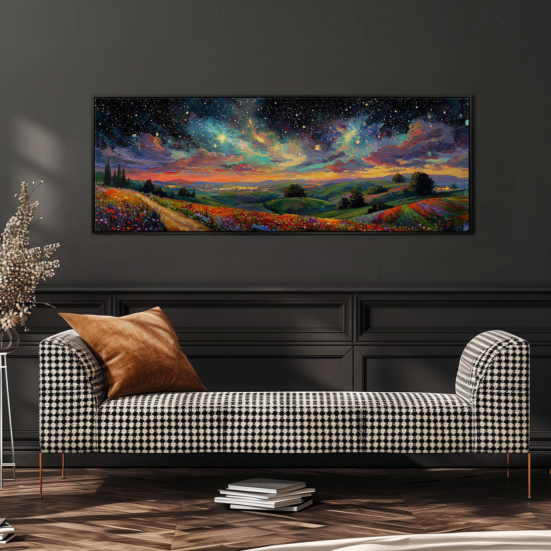 a large, colorful landscape painting hanging on a wall above a black and white checkered sofa.