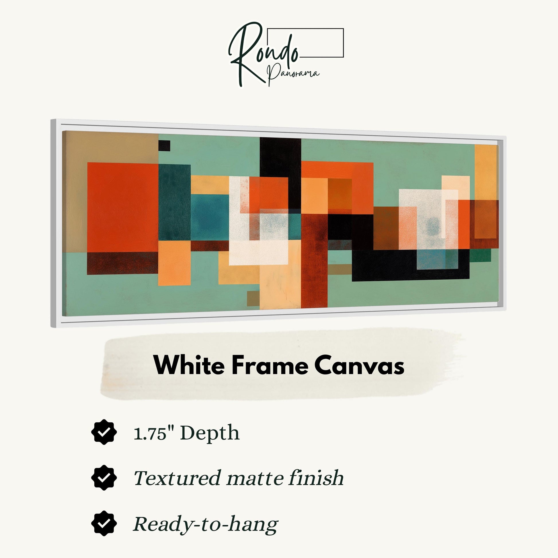 The image is a framed artwork with a white frame, featuring a colorful abstract design composed of various shapes and colors.