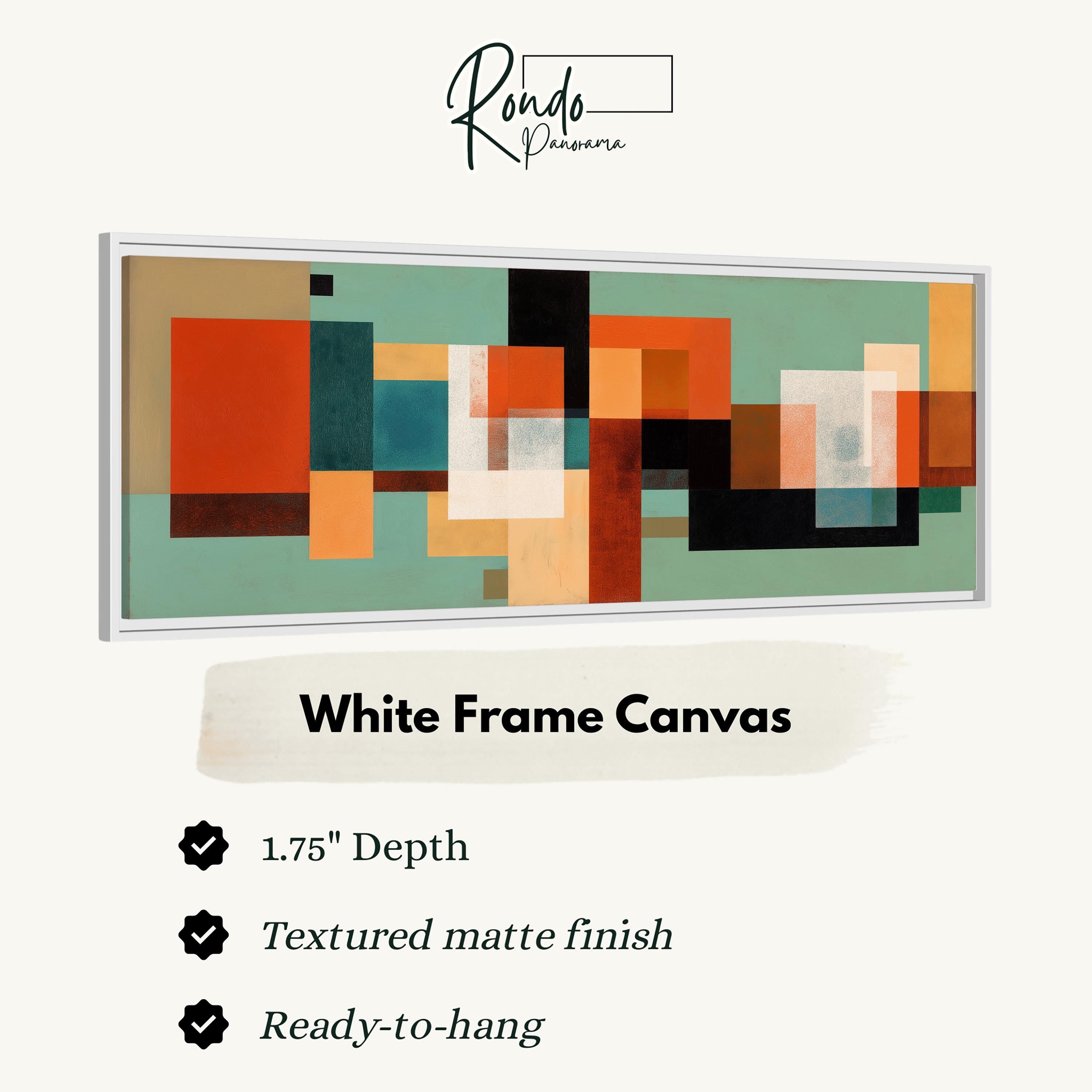 The image is a framed artwork with a white frame, featuring a colorful abstract design composed of various shapes and colors.