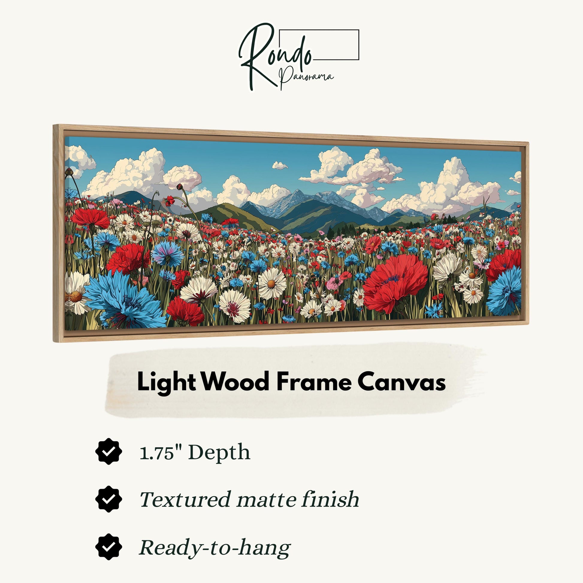 The image is a light wood frame canvas depicting a vibrant field of flowers with mountains in the background.