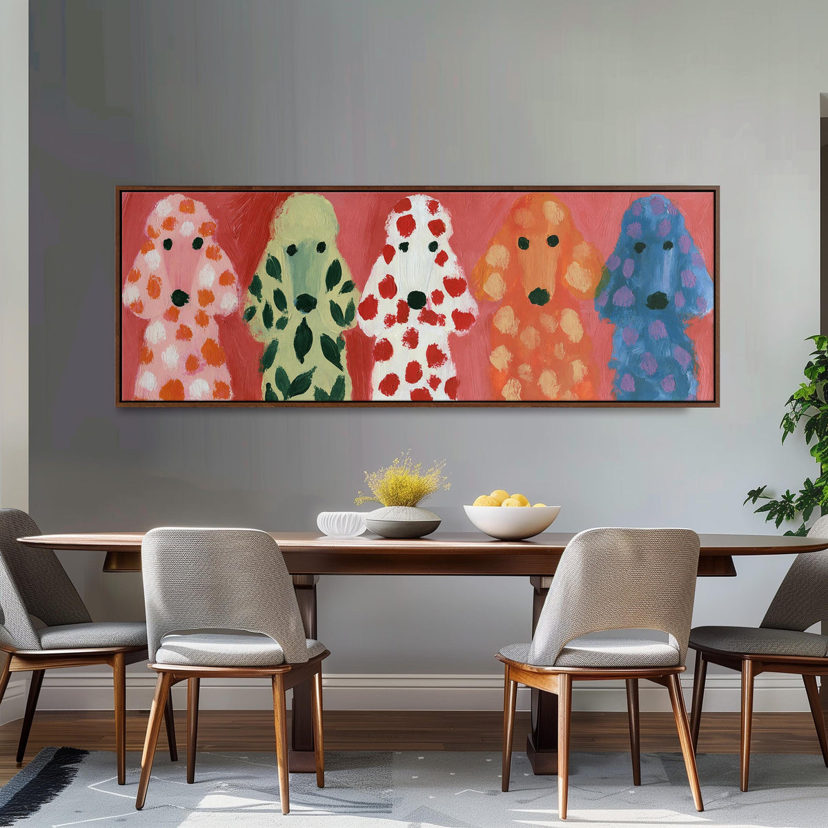 Five colorful poodles long horizontal canvas print above a dining table