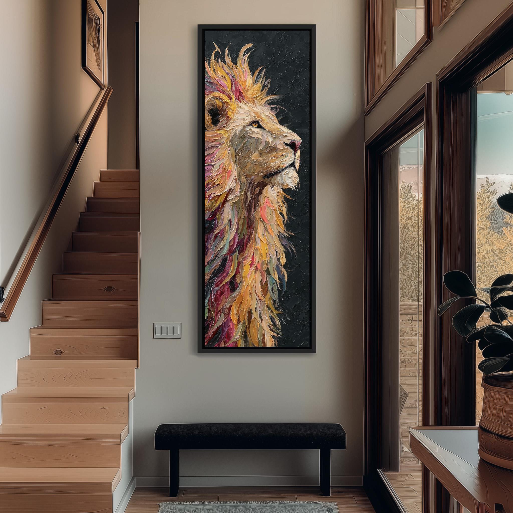a large, colorful painting of a lion's head hanging on the wall of a room with wooden stairs and a bench.