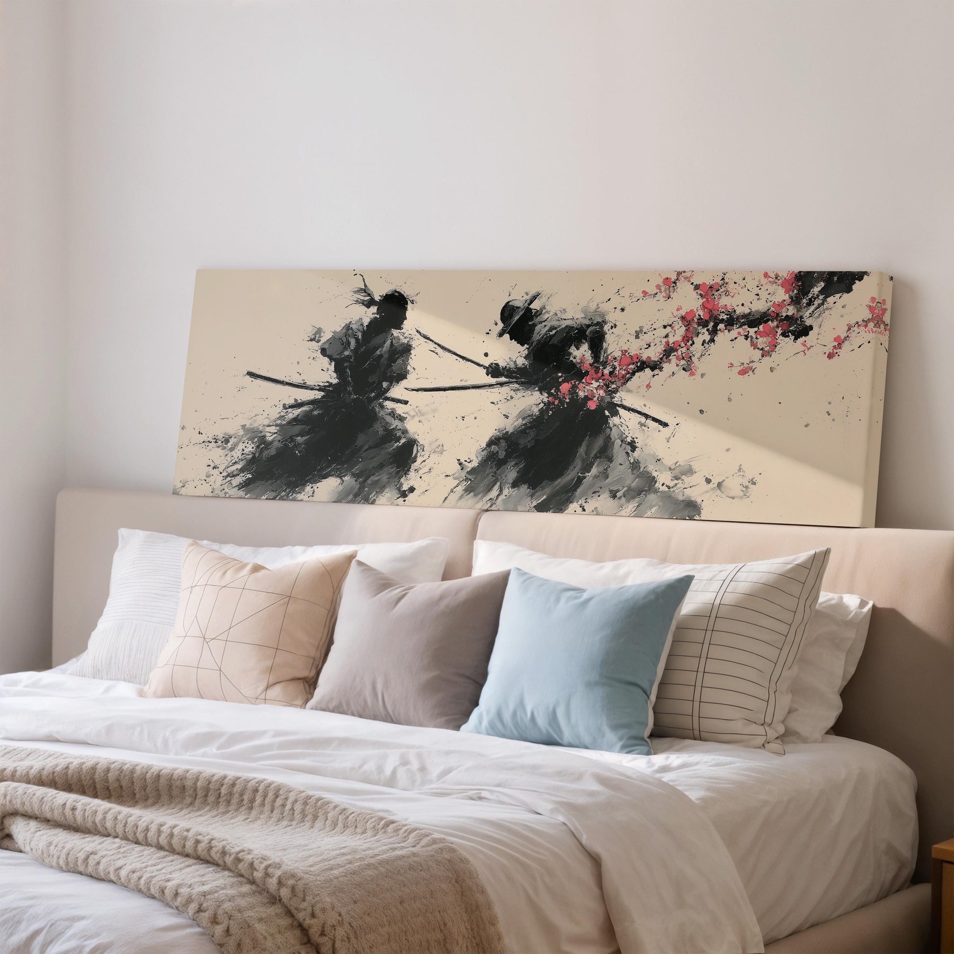 a bedroom with a large bed adorned with white linens and a blue throw pillow. Above the bed, there is a large canvas print depicting two figures wielding swords and surrounded by pink flowers.